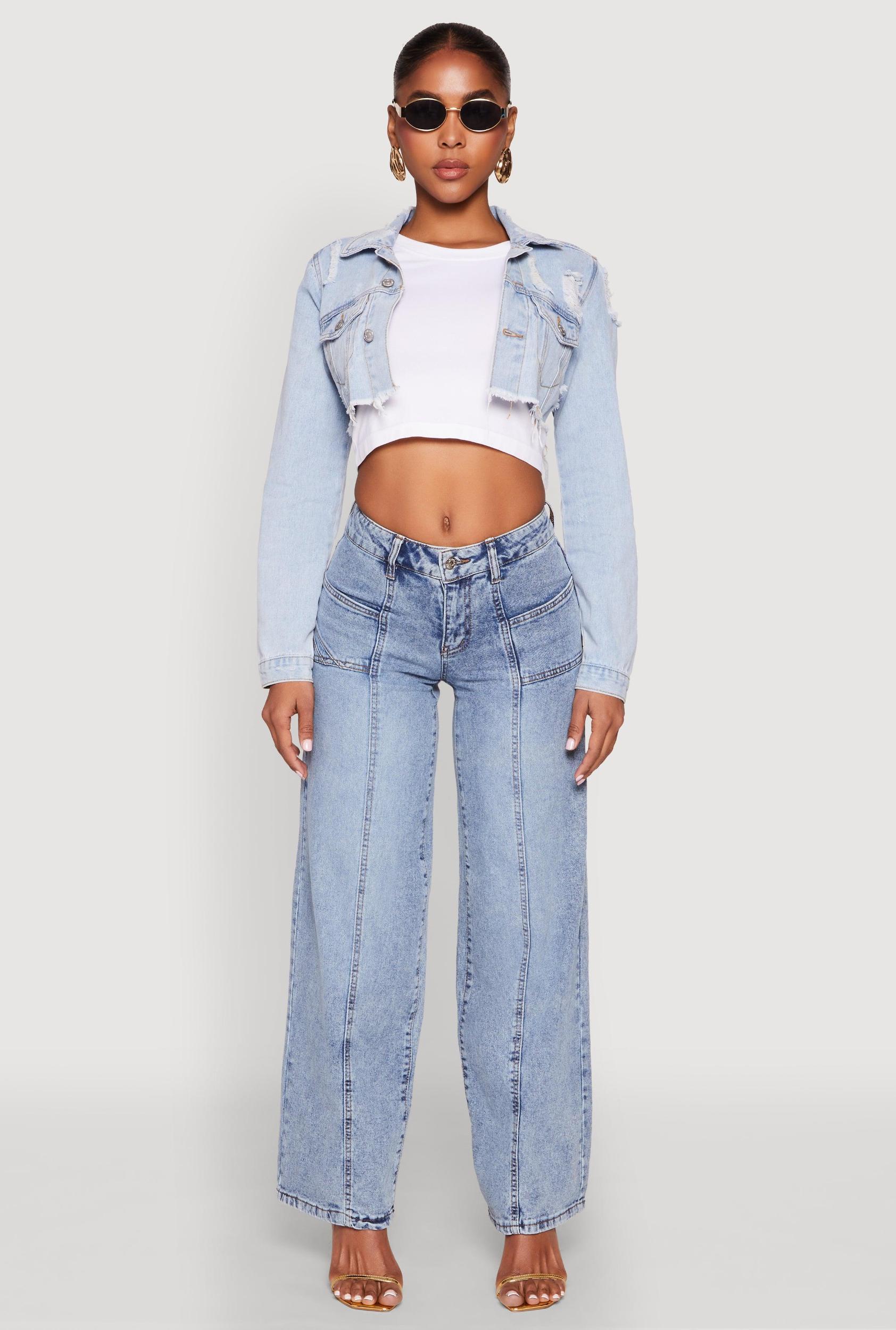 Womens Distressed Cropped Jean Jacket Product Image