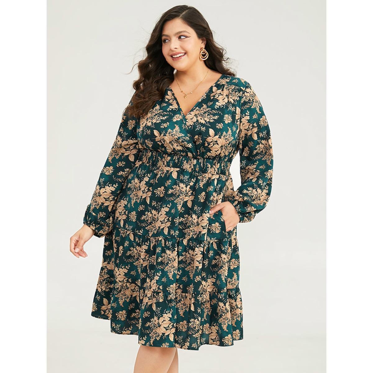 Plus Size Silhouette Floral Print Surplice Neck Shirred Dress Cyan Women Elegant Elastic cuffs V-neck Long Sleeve Curvy Midi Dress BloomChic 28/5X Product Image