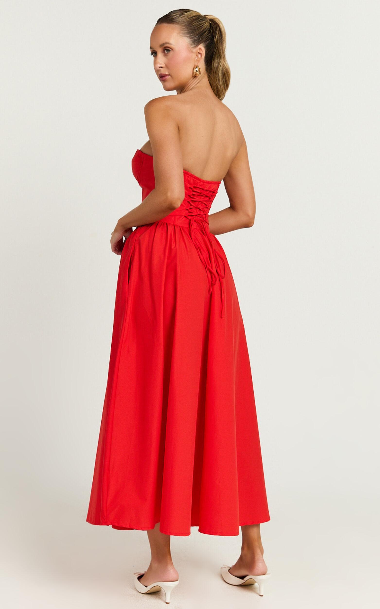 Daria Midi Dress - Strapless Corset Gathered Dress in Red Product Image