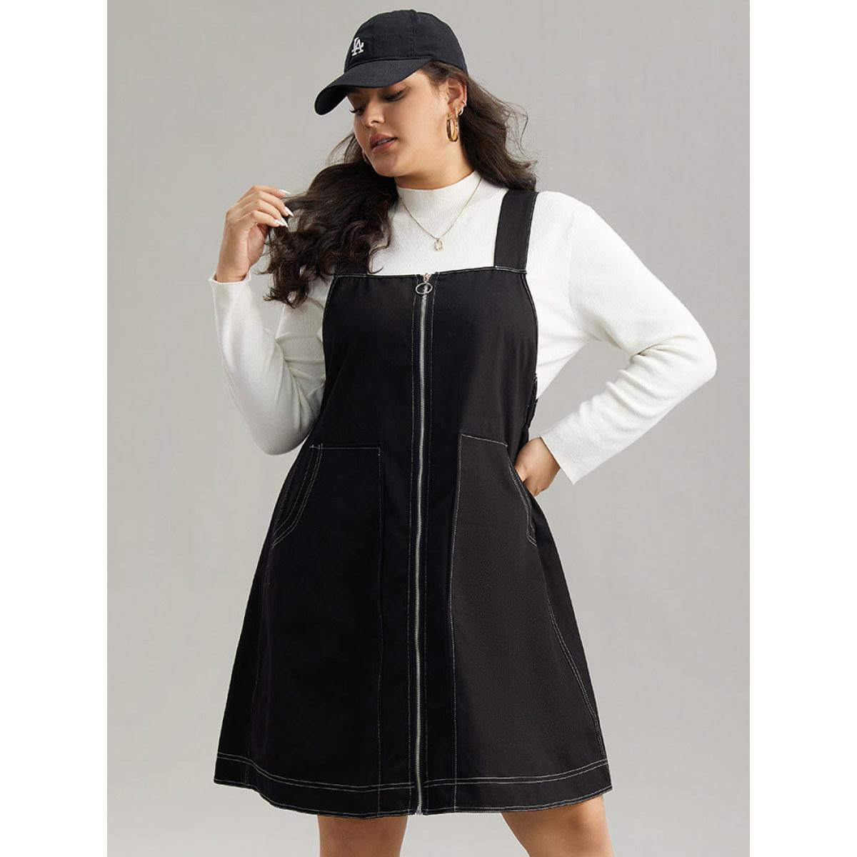 Plus Size Twill O Ring Zipper Pocket Spaghetti Strap Dress Black Women Casual Plain Spaghetti Strap Sleeveless Curvy Midi Dress BloomChic 28/5X Product Image