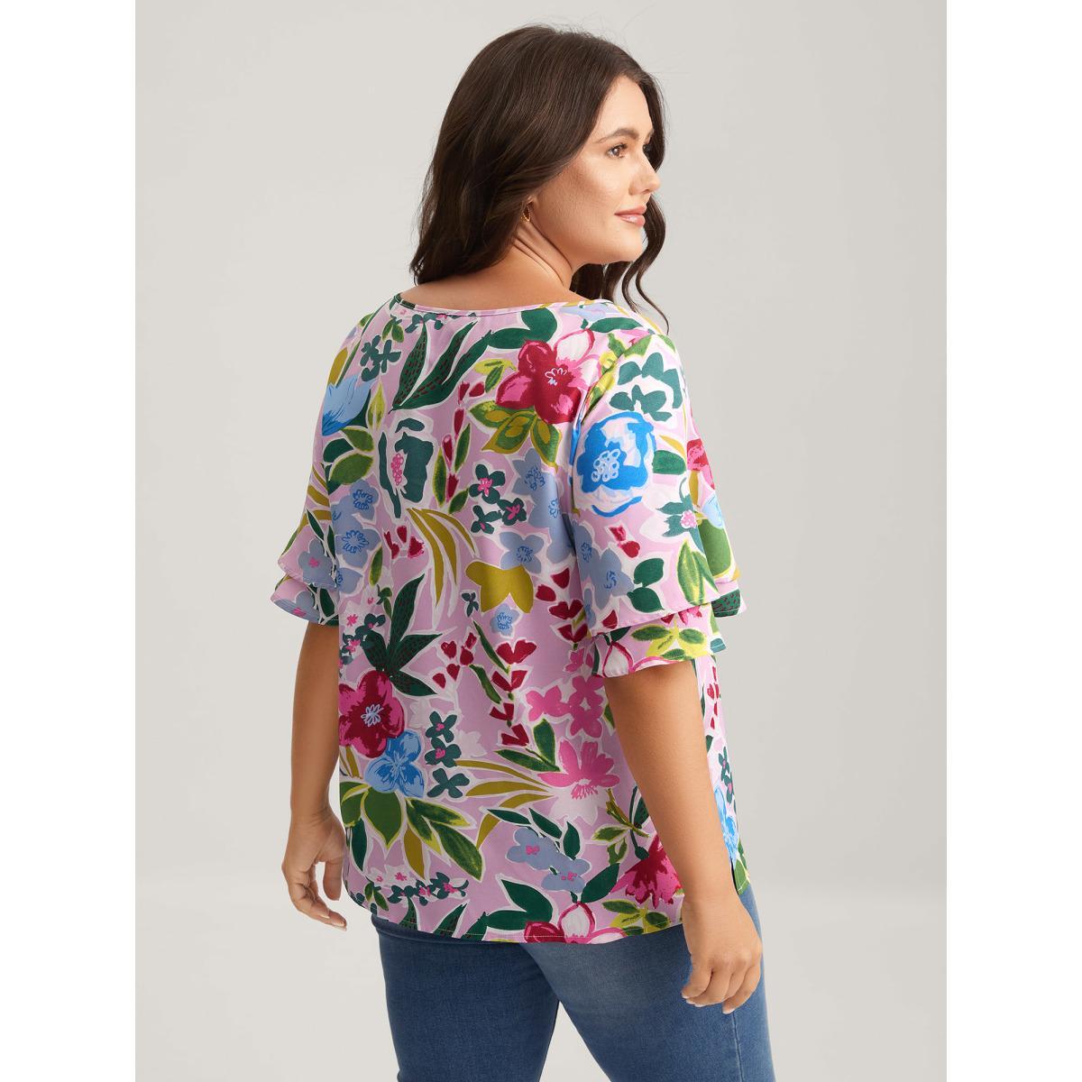 Plus Size Multicolor Sunkissed Floral Lotus Leaf Sleeve Blouse Women Half Sleeve Round Neck Everyday-Elegant Blouses BloomChic 22-24/3X Product Image