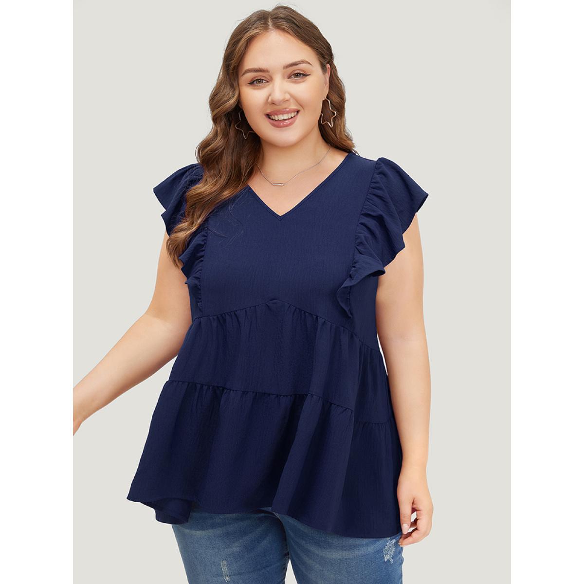 Plus Size Navy Solid Layered Hem Ruffle Cap Sleeve Blouse Women Elegant Cap Sleeve V-neck Everyday Blouses BloomChic 26/4X Product Image