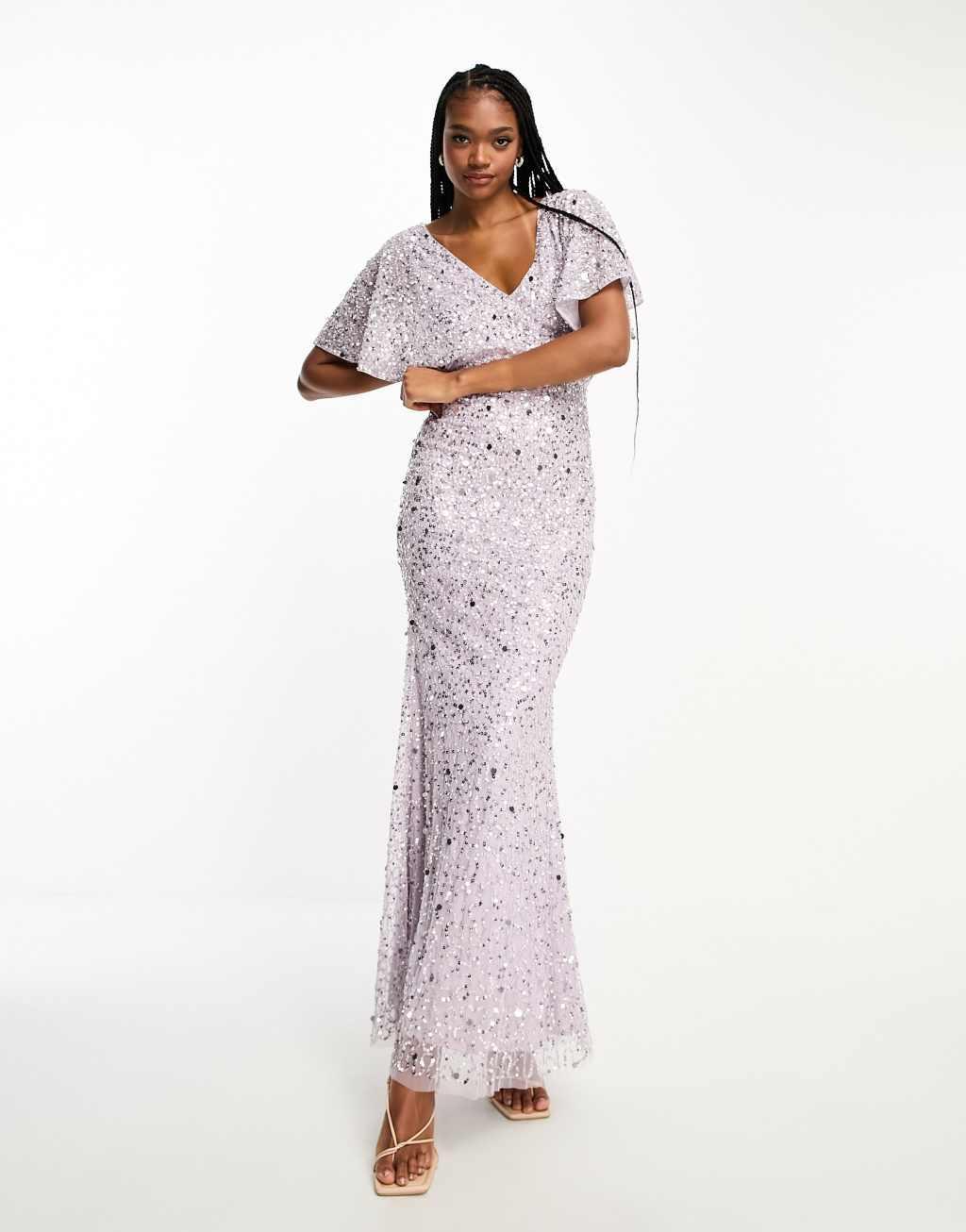 Beauut Petite Bridesmaid embellished maxi dress with flutter sleeve in champagne Product Image