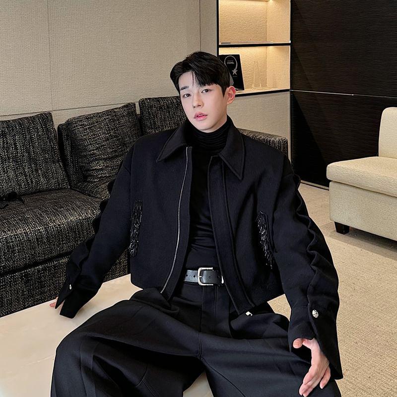 Long Sleeve Plain Zip Up Cropped Jacket Product Image