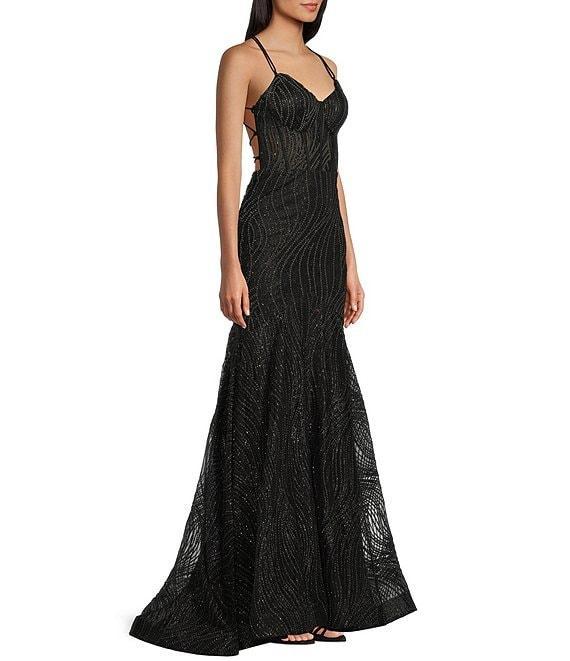 Blondie Nites Glitter Dot Print V-Neck Double Spaghetti Strap Corset Tie Back Dress Product Image