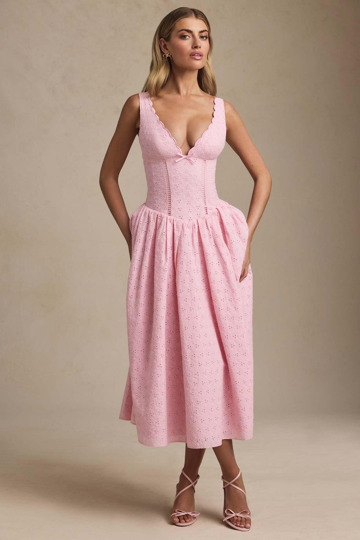 Broderie Anglaise Bow-Detail A-Line Midaxi Dress in Soft Pink Product Image