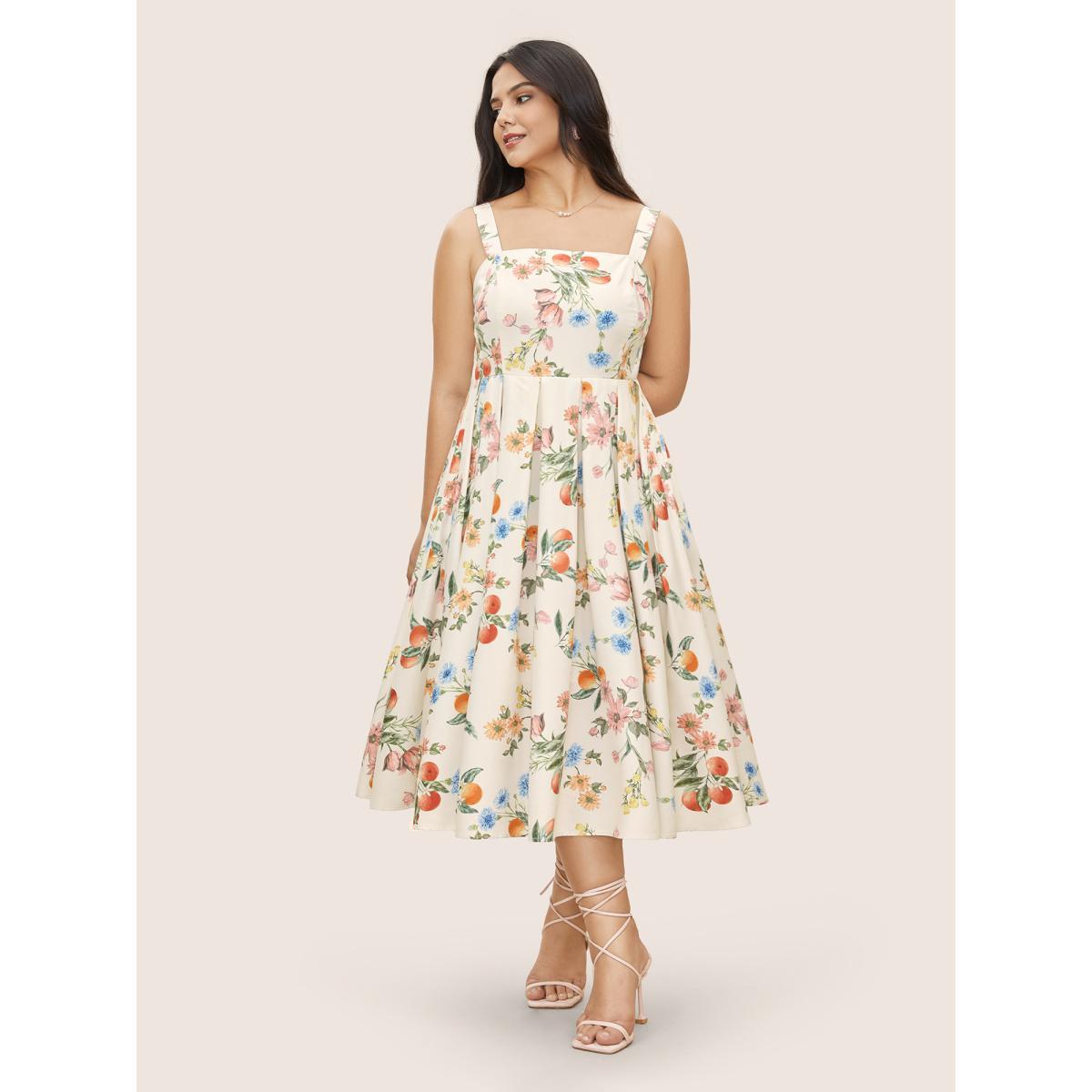 Plus Size Citrus Orange Print Plicated Detail Cami Dress Apricot Women Elegant Pleated Non Sleeveless Curvy BloomChic 30/6X Product Image