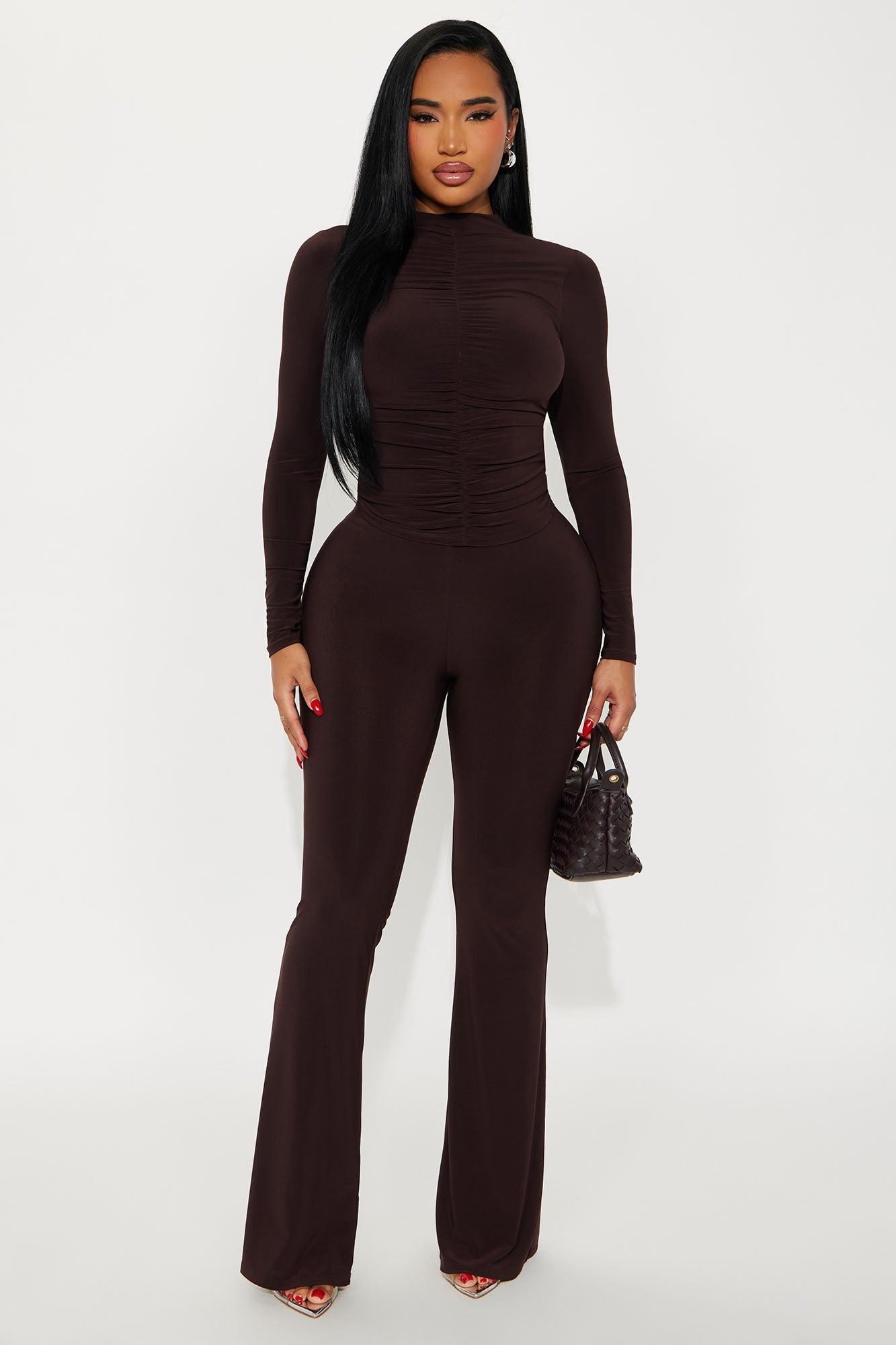 Natalie Ruched Mock Neck Pant Set - Chocolate Product Image