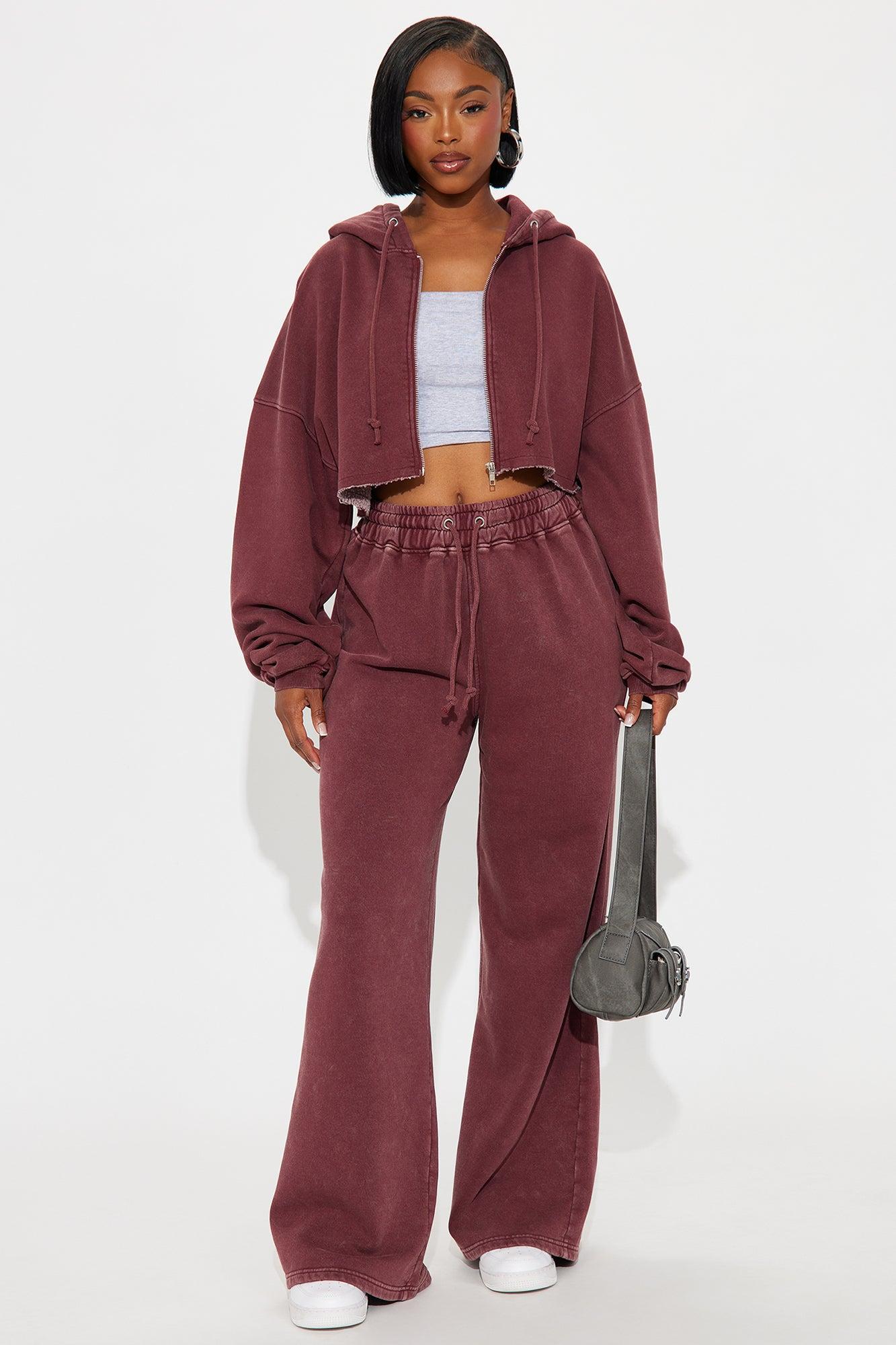 On The Go Fleece Pant Set - Burgundy Female Product Image