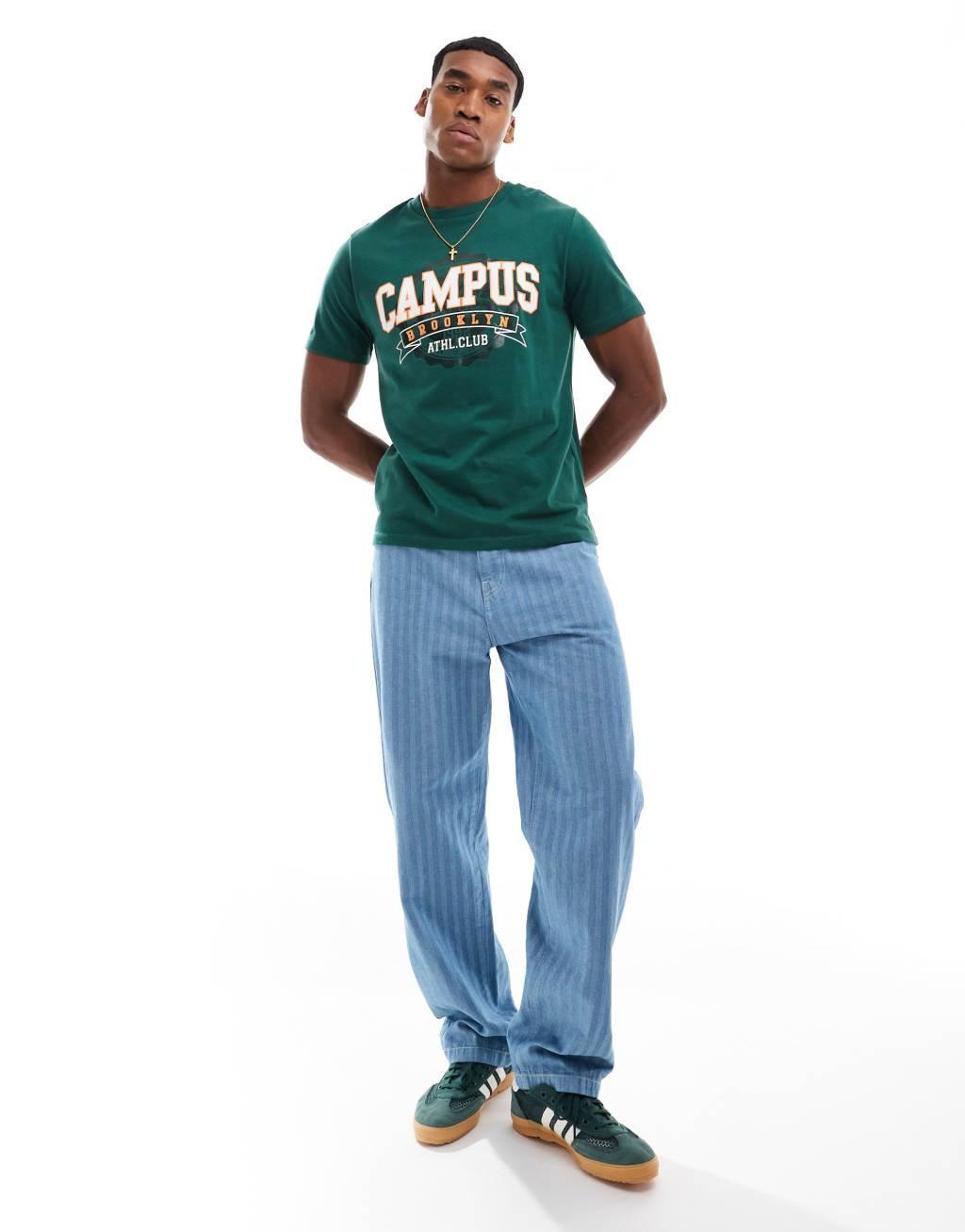 ASOS DESIGN relaxed T-shirt with campus chest print in green Product Image