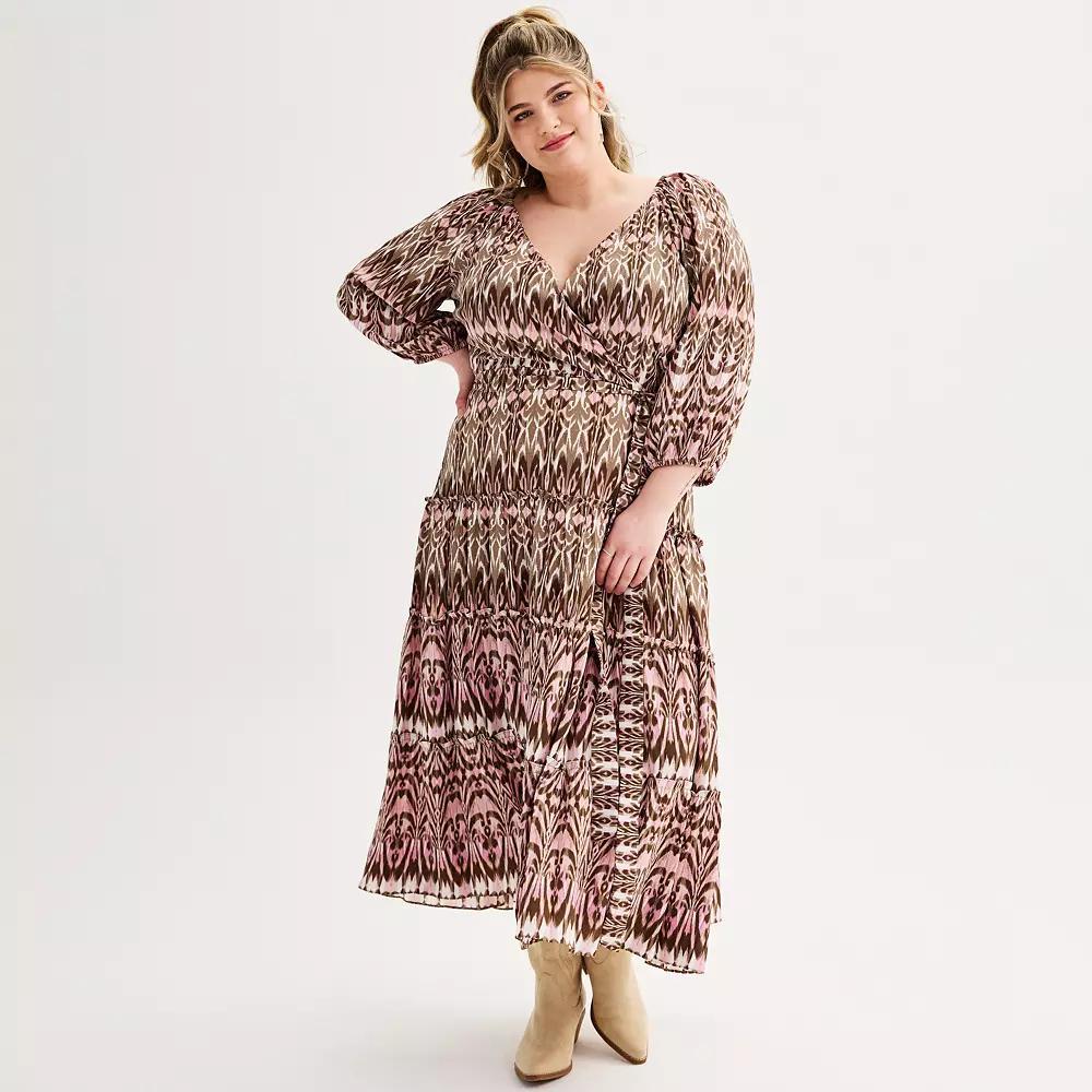 Plus Size Maison Tara Flowy Geometric Print Faux Wrap Midi Dress, Women's, Size: 14 W, Brown Blush Product Image
