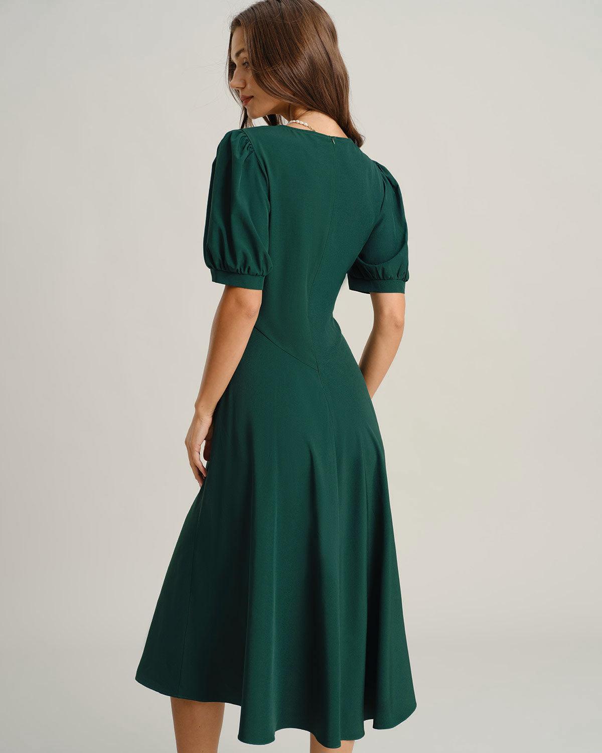 Green V Neck Ruched Midi Dress Product Image