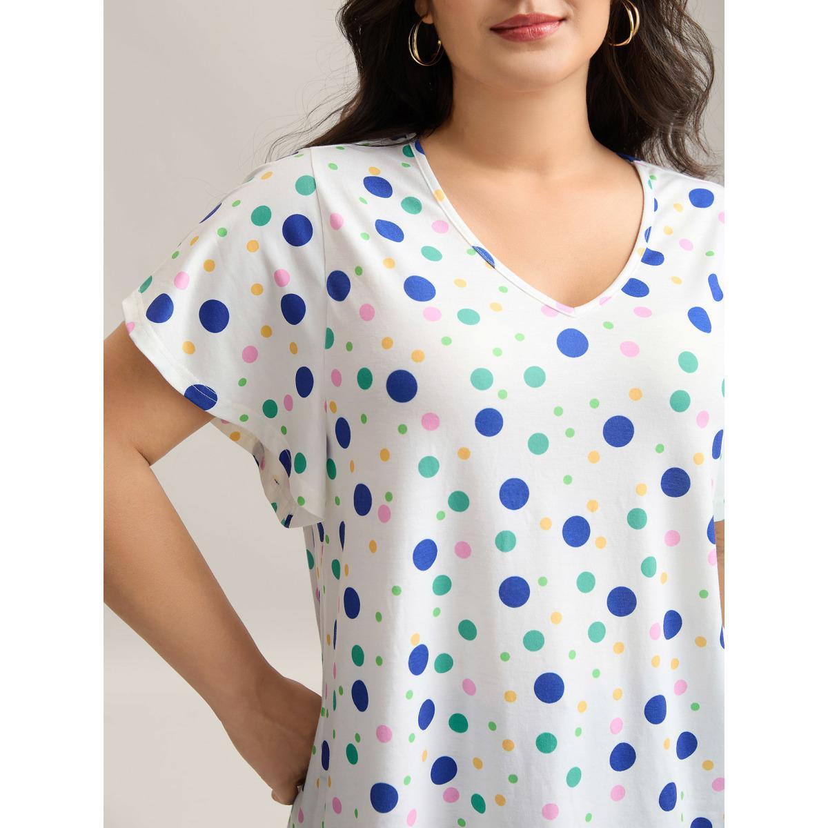 Plus Size Stretchy Playful Polka Dots Ruffled T-Shirt WhiteSmoke Women Contrast V-neck Everyday-Elegant T-shirts BloomChic 18-20/2X Product Image
