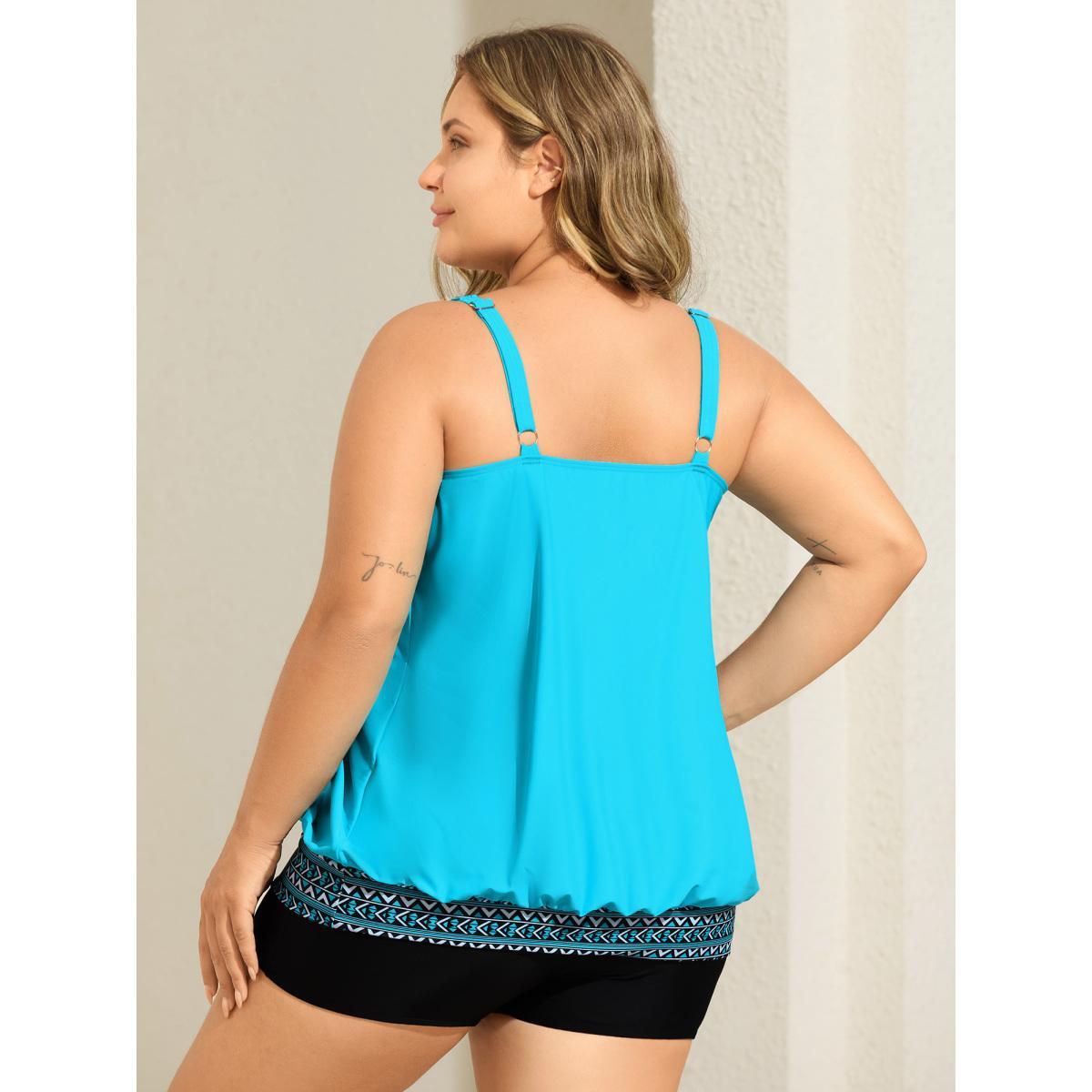 Plus Size Bust Support Padded Plain Swim Tankini Women's Swimwear Skyblue Beach Contrast High stretch Bodycon Non Curve Swim Tops BloomChic 30/6X Product Image