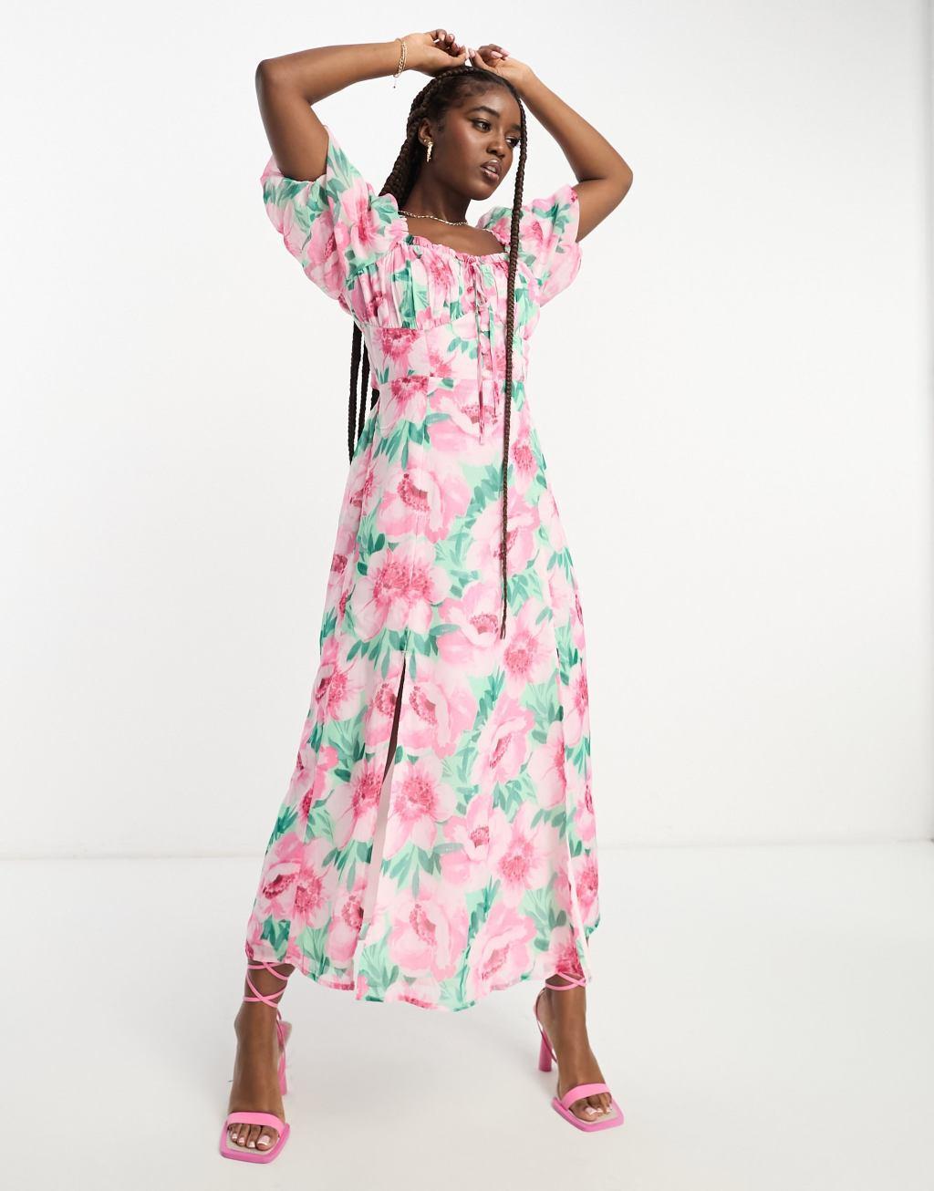 Miss Selfridge chiffon puff sleeve maxi dress with back detail Product Image