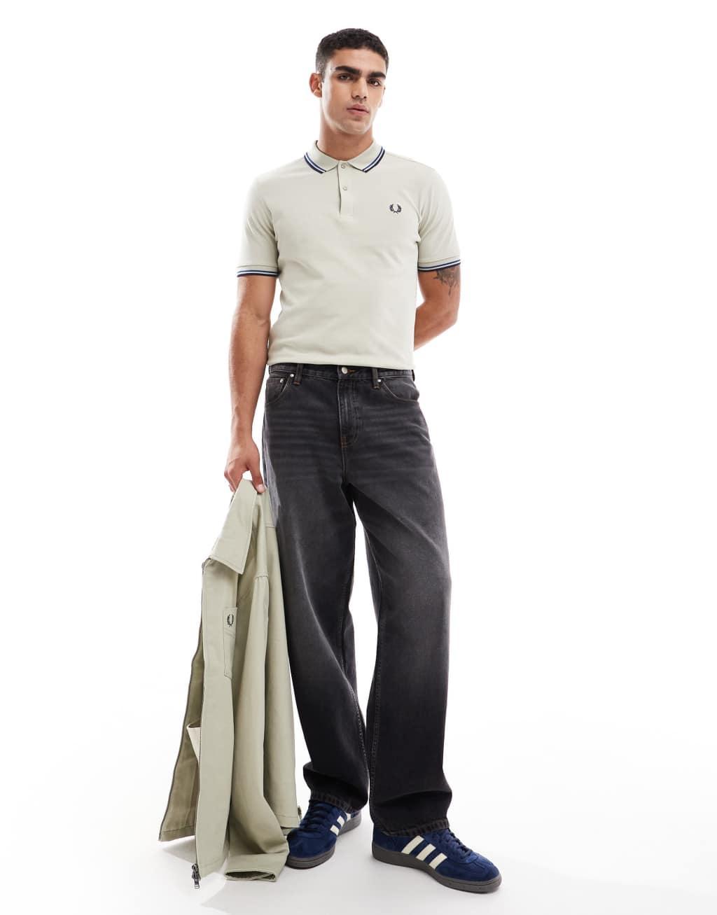 Fred Perry twin tipped polo shirt in ecru and blue Product Image