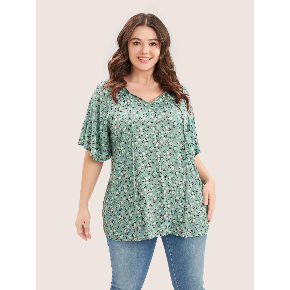 Plus Size Emerald Ditsy Floral Ruffle Sleeve Tie Neck Blouse Women Elegant Short sleeve V-neck Everyday Blouses BloomChic 14-16/1X Product Image