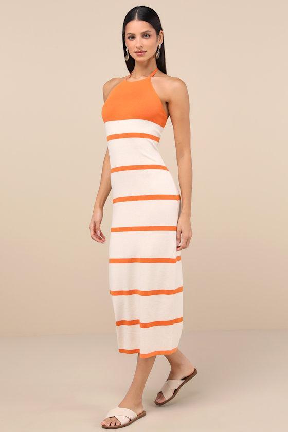 Friendly Cutie Orange and Ivory Striped Knit Halter Midi Dress Product Image