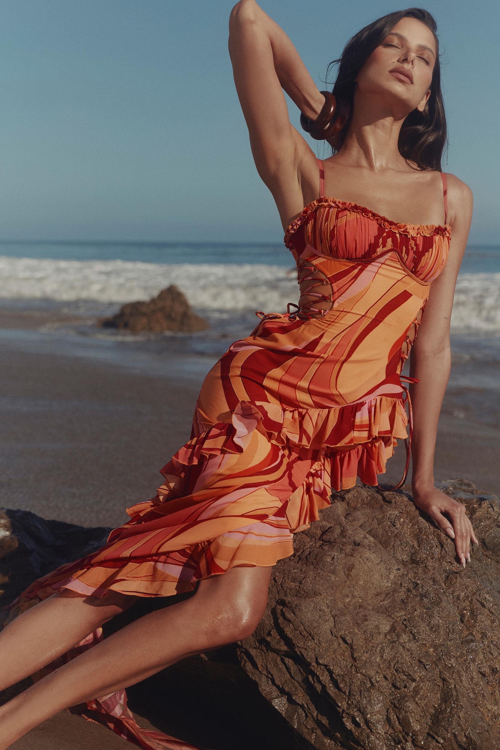 Lumira  sunset swirl print ruffle cut out maxi dress Product Image