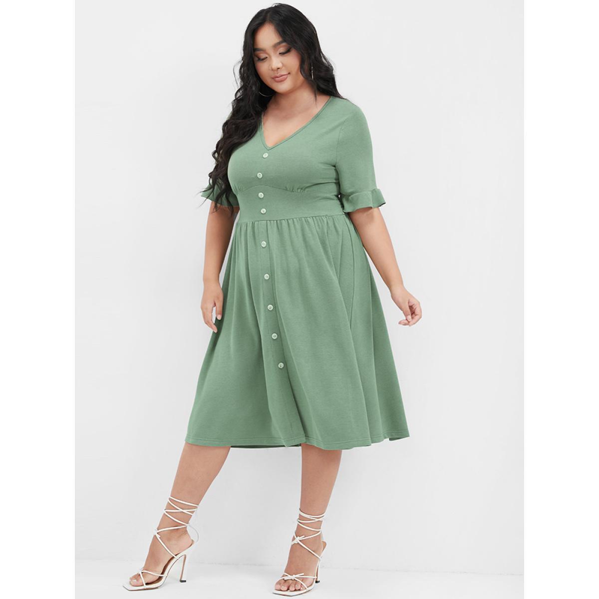 Plus Size Solid Shirred Ruffles Button V Neck Midi Dress LightGreen Women Elegant Gathered V-neck Short sleeve Curvy Midi Dress BloomChic 12/L Product Image