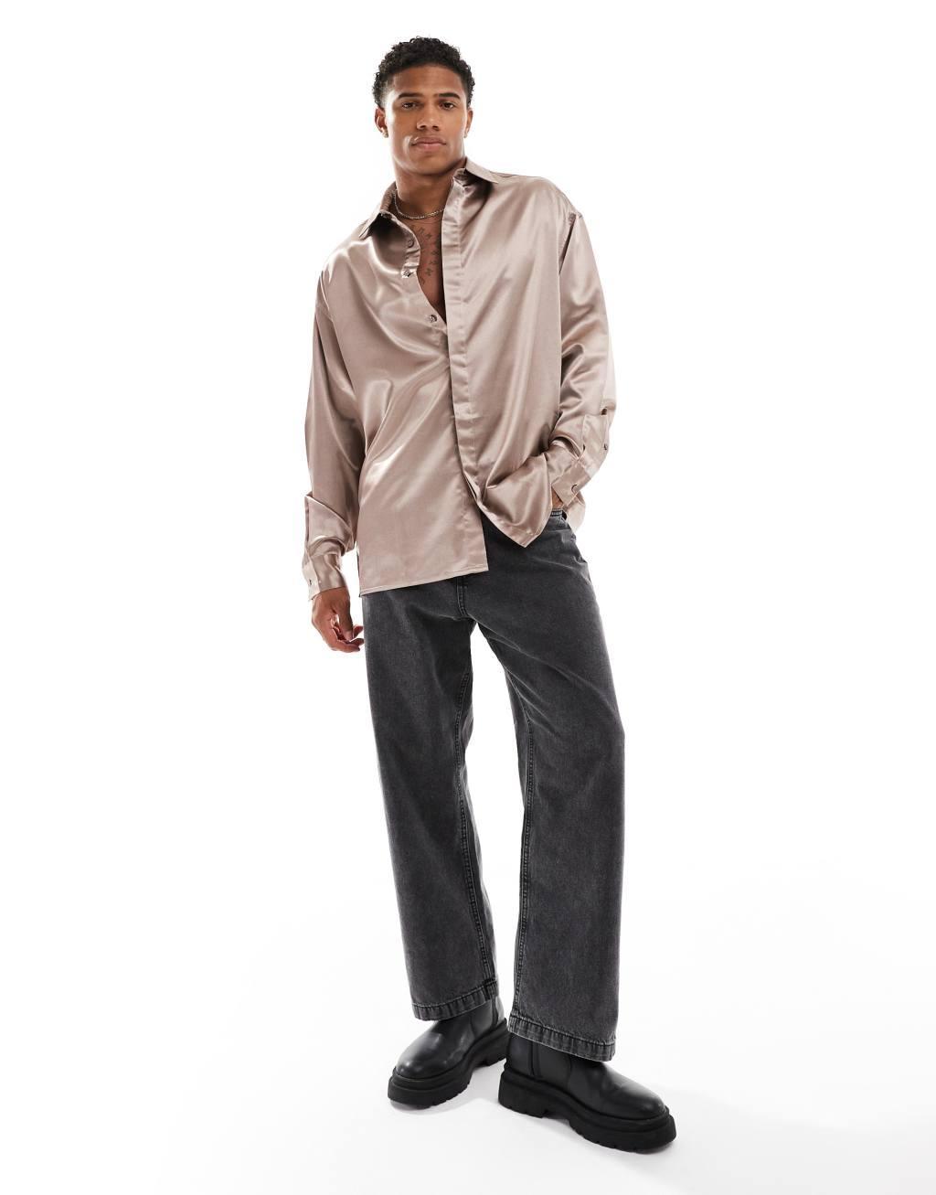 ASOS DESIGN oversized satin shirt with concealed buttons in stone Product Image