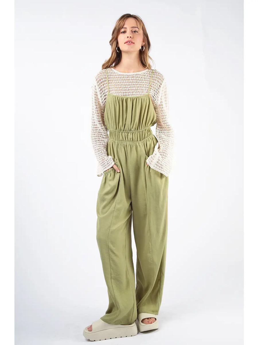 Sage Front Pintuck Detail Solid Woven Jumpsuit Product Image