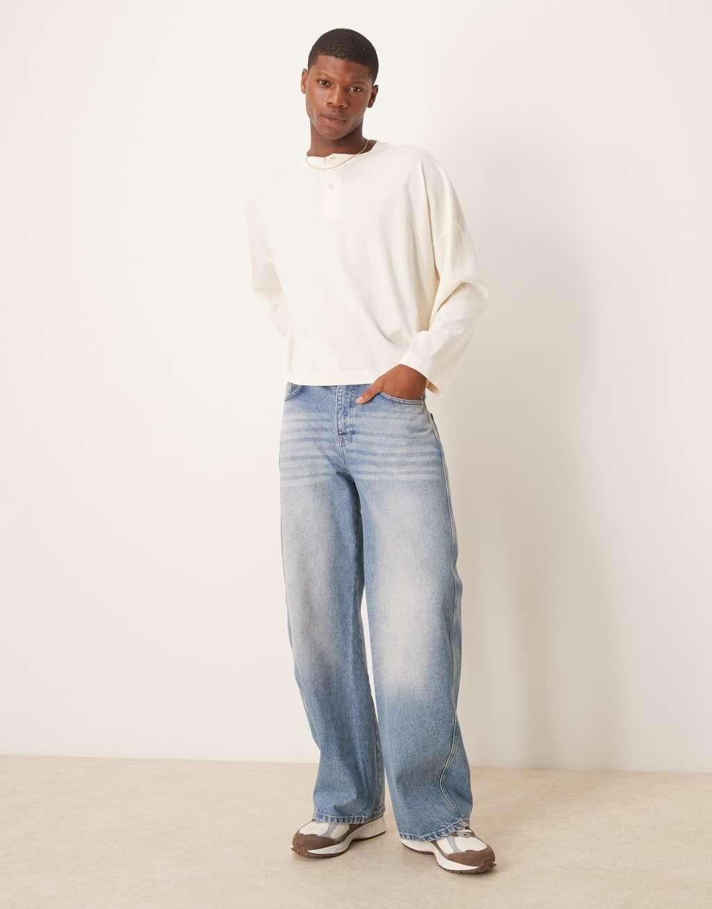 ASOS DESIGN super oversized cropped long sleeve t-shirt with henley neck in ecru Product Image