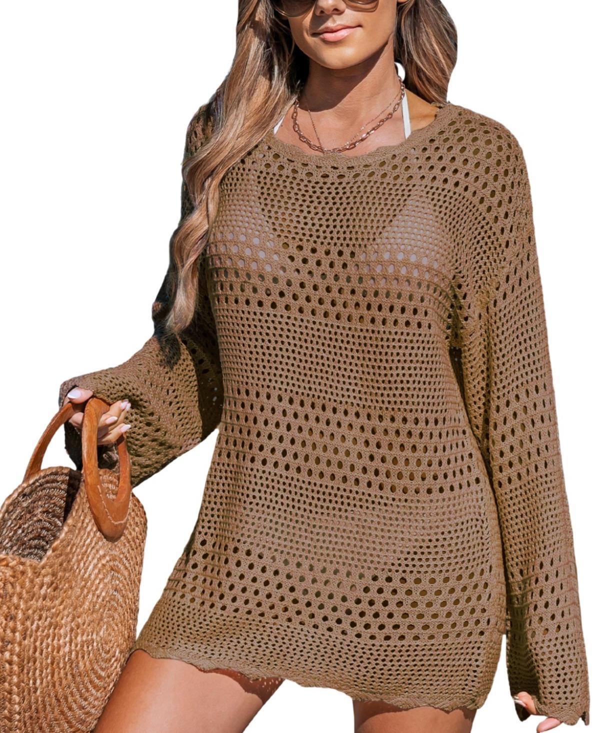 Women's Cupshe Knit Crocheted Long Sleeve Swim Cover Up Dress, Size: Medium, Beige Khaki Product Image