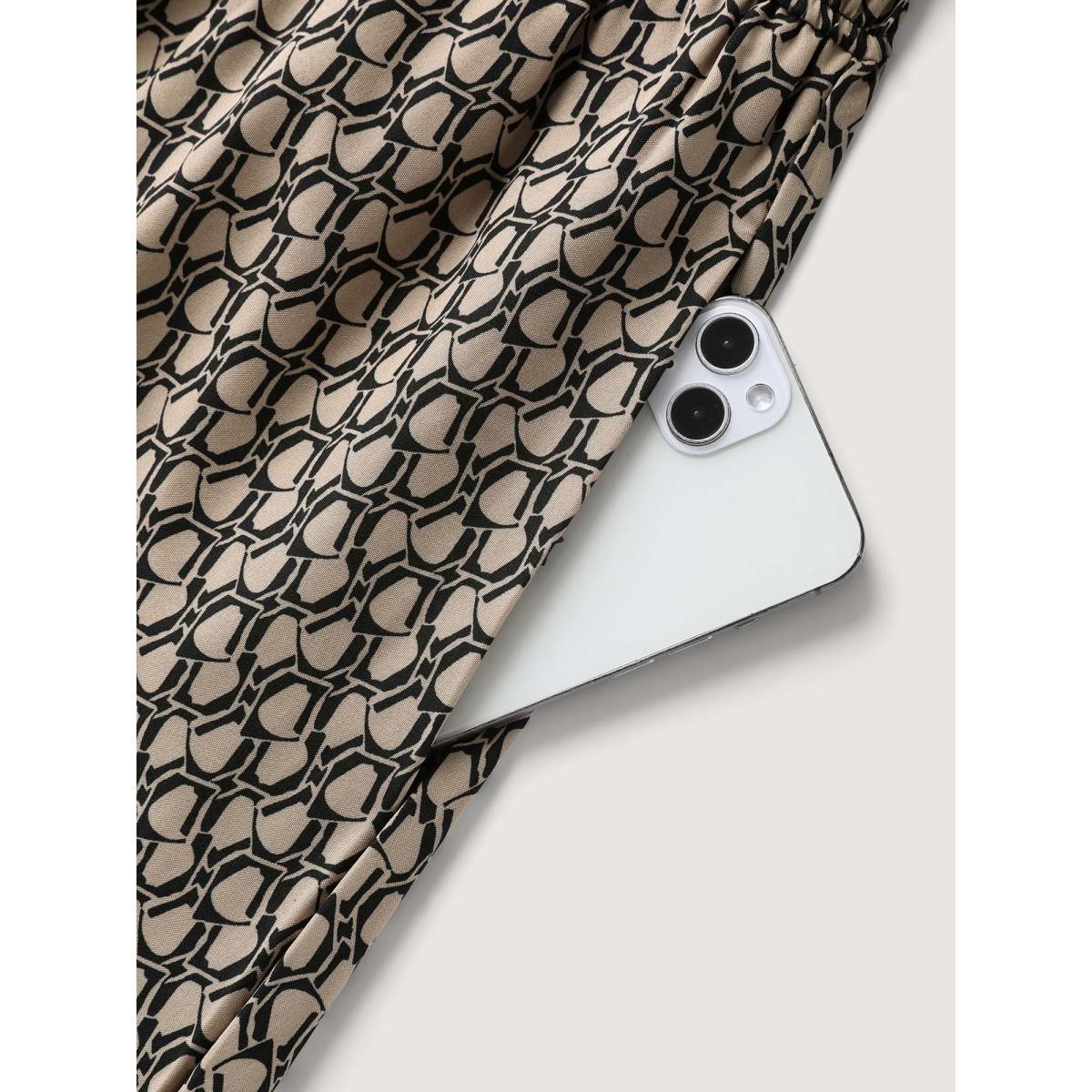Plus Size Geometric Print Waist-Cinched Tiered Midi Dress Tan Women Flat collar with V-notch Short sleeve Curvy BloomChic 12/L Product Image