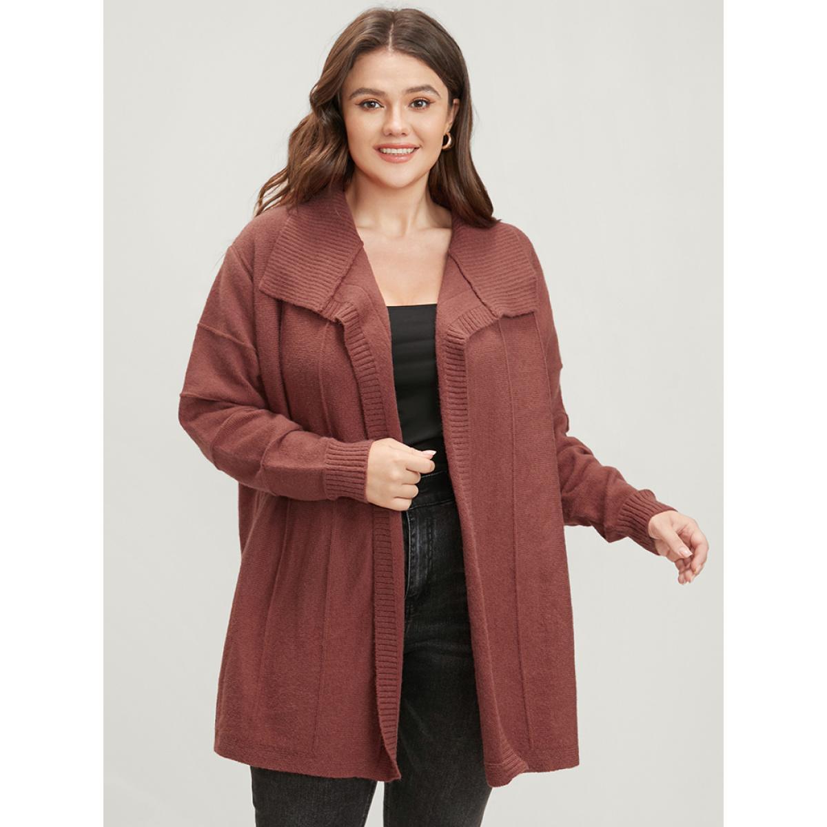 Plus Size Solid Soft Sexy Yarn Knit Lapel Collar Open Front Cardigan Maroon Women Casual Loose Long Sleeve Dailywear Cardigans BloomChic 12/L Product Image