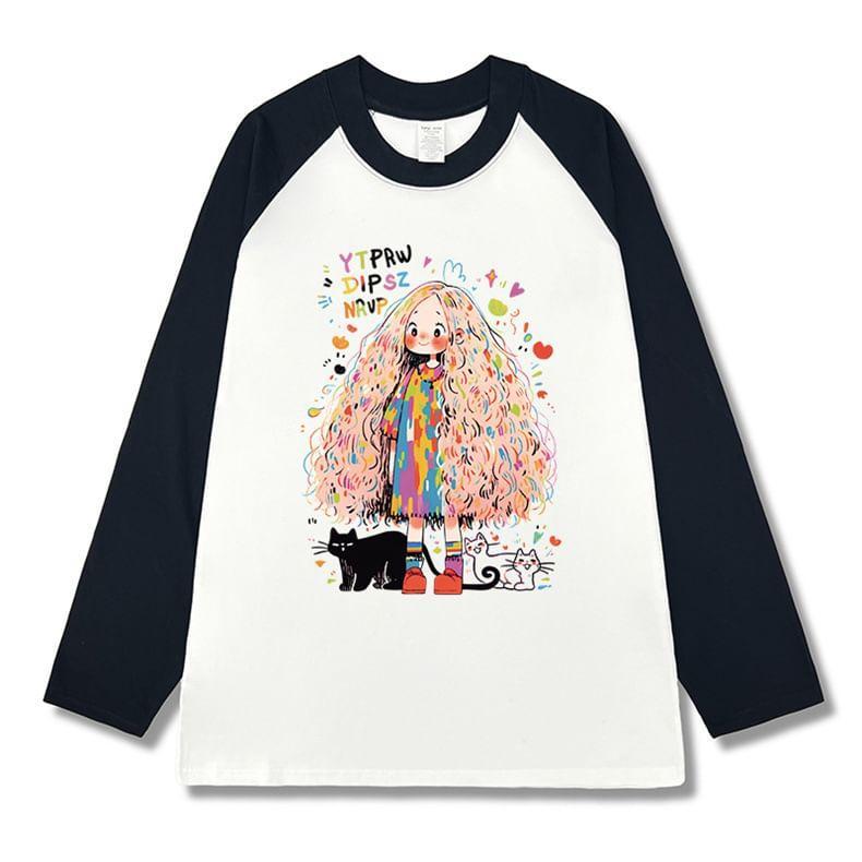 Long-Sleeve Crewneck Raglan Print Tee Product Image