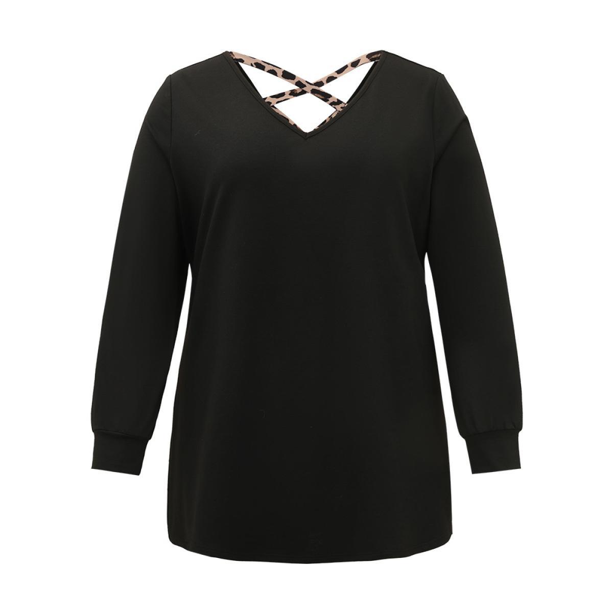 Plus Size Leopard Print V Neck Back Crisscross Sweatshirt Women Black Casual Patchwork V-neck Dailywear Sweatshirts BloomChic 22-24/3X Product Image