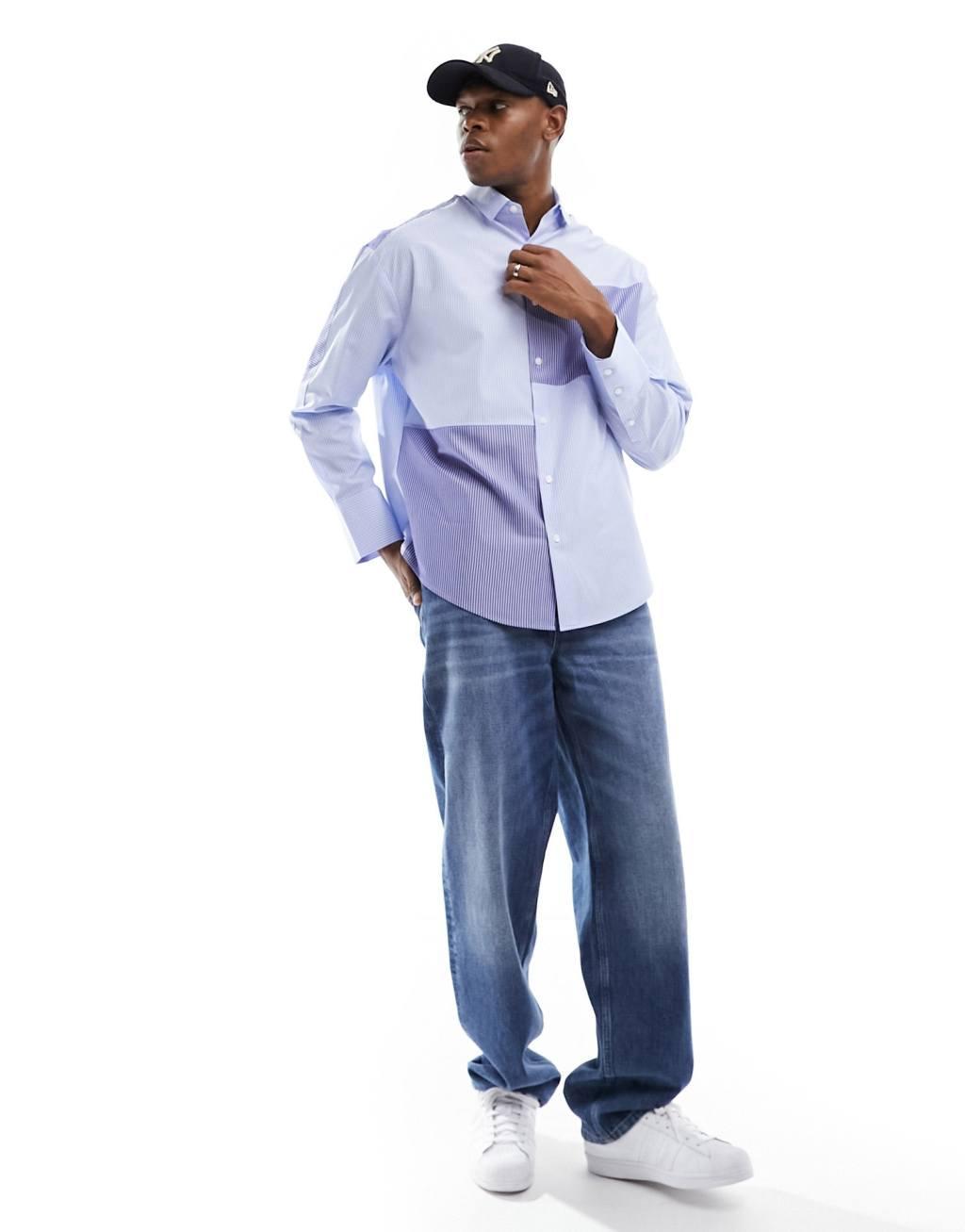 ASOS DESIGN 90s oversized shirt in blue workwear stripe  Product Image