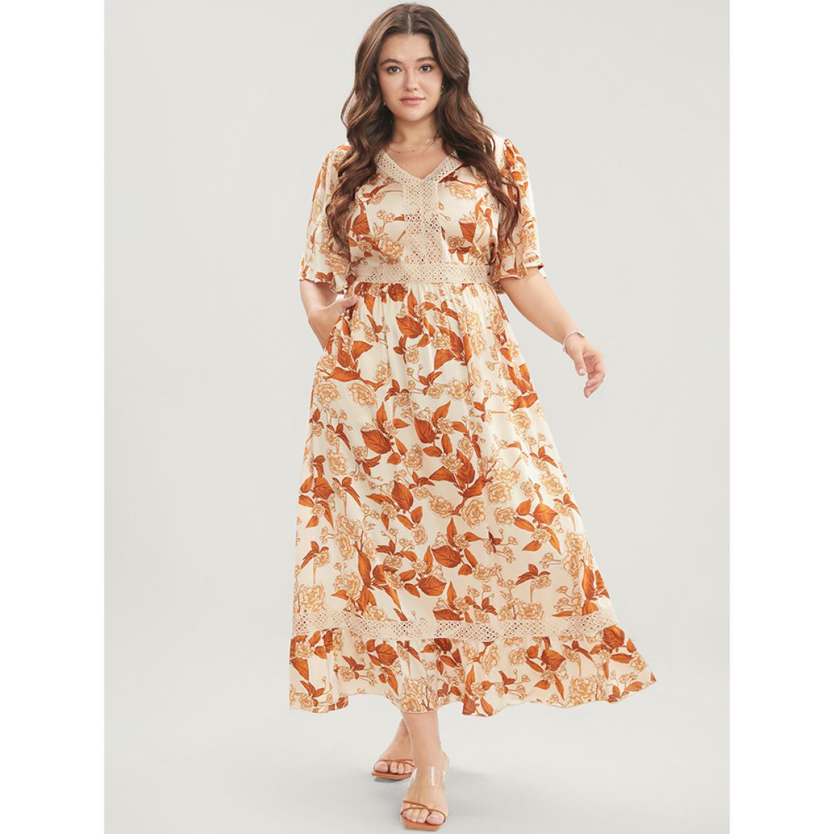 Plus Size Floral Printed Crochet Lace Pocket Flutter Maxi Dress Chocolate Women Elegant Gathered V-neck Half Sleeve Curvy Long Dress BloomChic 26/4X Product Image