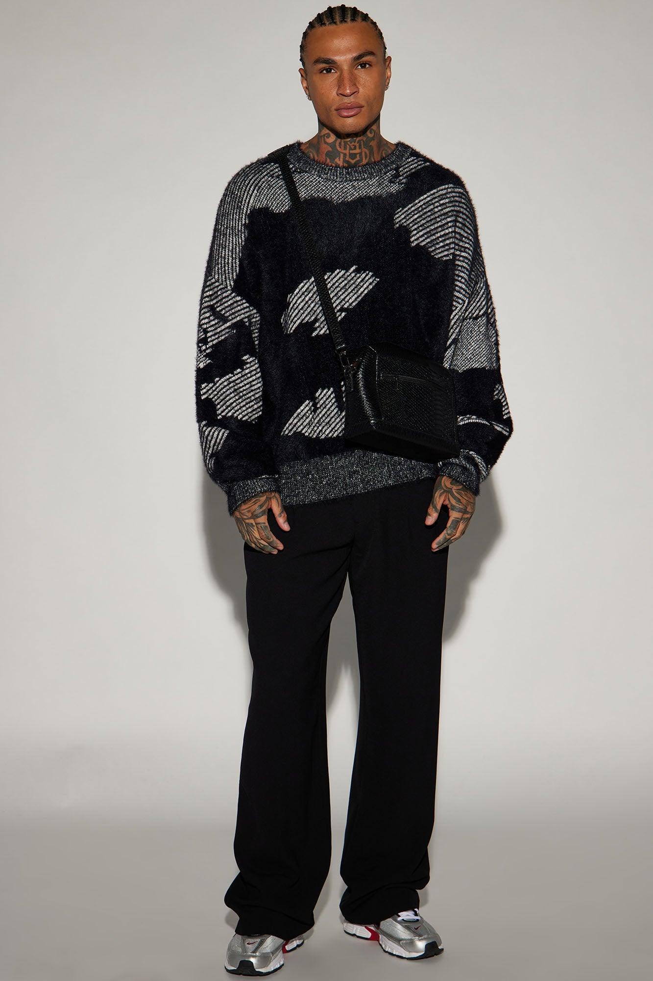Fuzzy Textured Crewneck Sweater - Black/combo Product Image