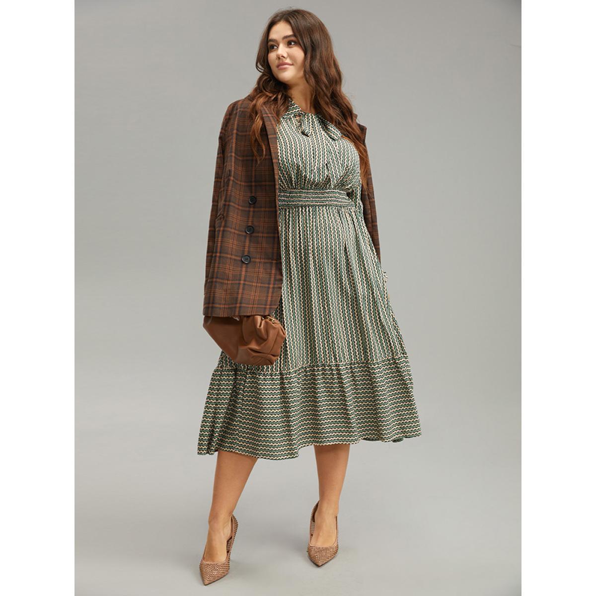 Plus Size Striped Geometric Bowknot Keyhole Shirred Dress Mint Women Work From Home Cross straps Shirt collar Long Sleeve Curvy Midi Dress BloomChic 10/M Product Image