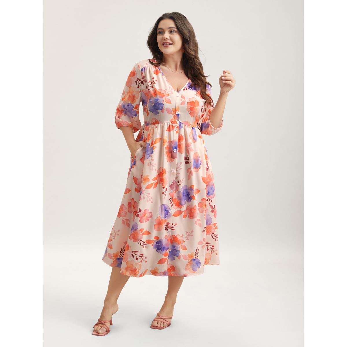Plus Size Floral Fusion Front-Placket Midi Dress Blush Women Elegant Button V-neck Elbow-length sleeve Curvy BloomChic 18-20/2X Product Image