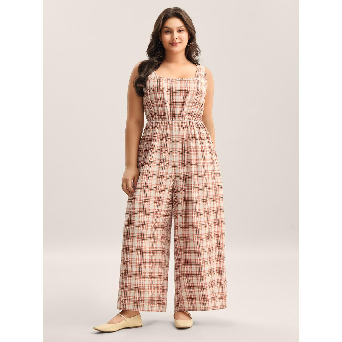 Plus Size Rust Plaid Pockets Wide-Leg Jumpsuit Women Sleeveless Square Neck Everyday-Casual Loose Jumpsuits BloomChic 14-16/1X Product Image
