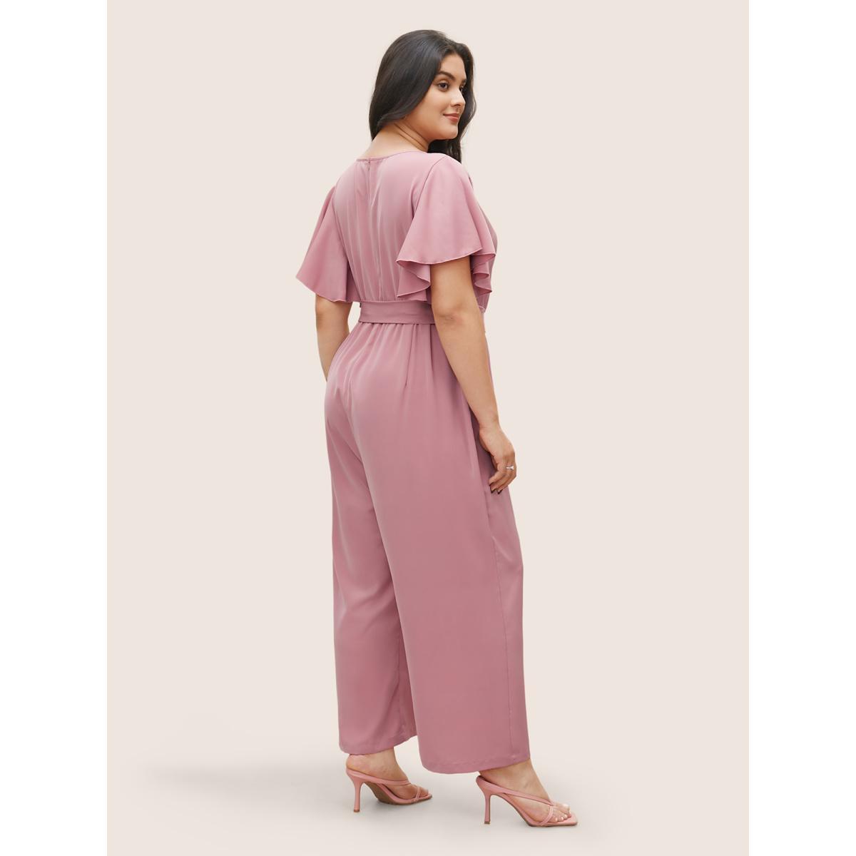 Plus Size Rouge Anti-Wrinkle Plain Belted Flutter Sleeve Zipper Jumpsuit Women Elegant Short sleeve Overlap Collar Everyday Loose Jumpsuits BloomChic 28/5X Product Image