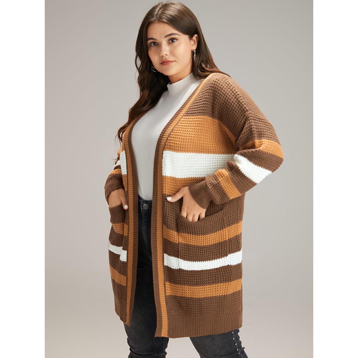 Plus Size Contrast Open Front Patched Pocket Tunic Cardigan Multicolor Women Casual Loose Long Sleeve Dailywear Cardigans BloomChic 30/6X Product Image