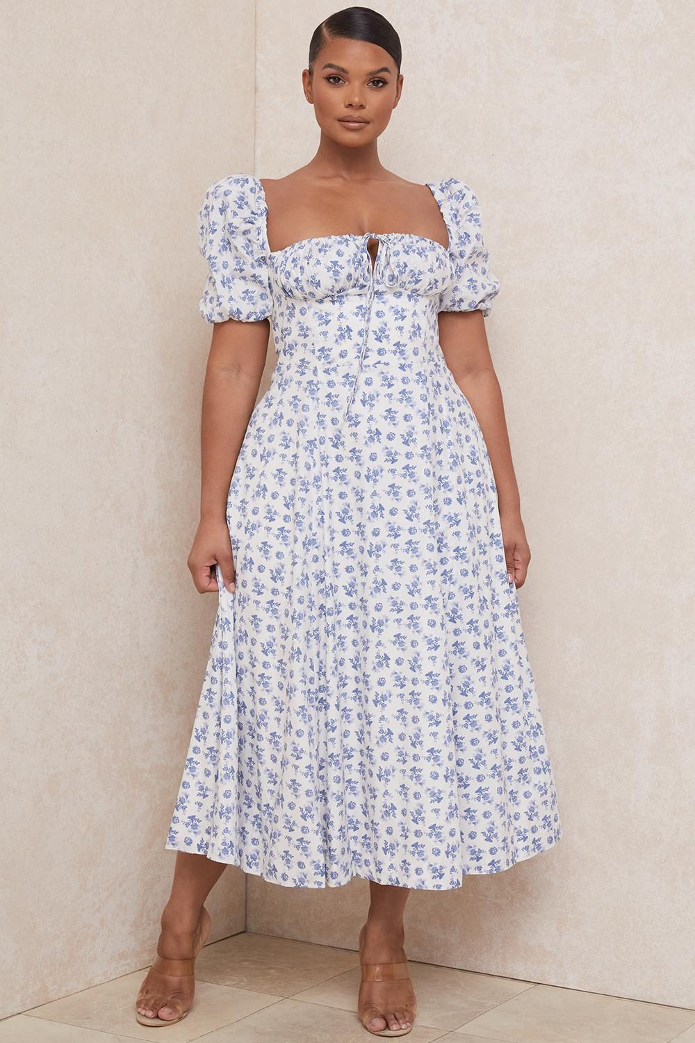 Tallulah Blue White Floral Midi Dress Product Image