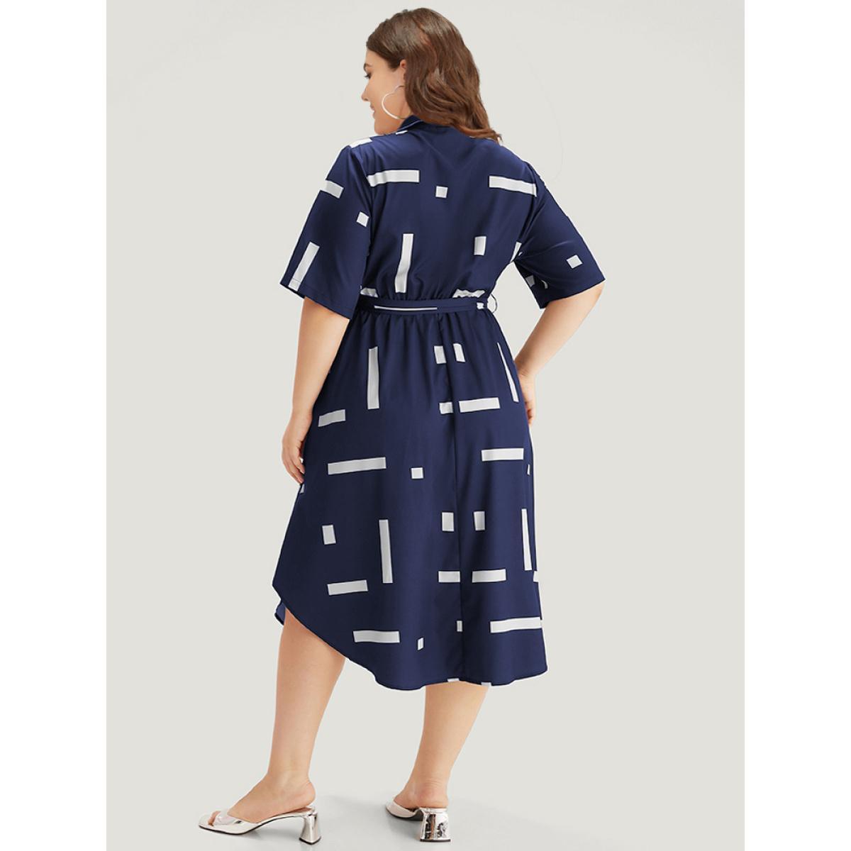 Plus Size Geometric Print Shirt Collar Button Up Belted Dress Navy Women Office Belted Shirt collar Short sleeve Curvy Midi Dress BloomChic 22-24/3X Product Image