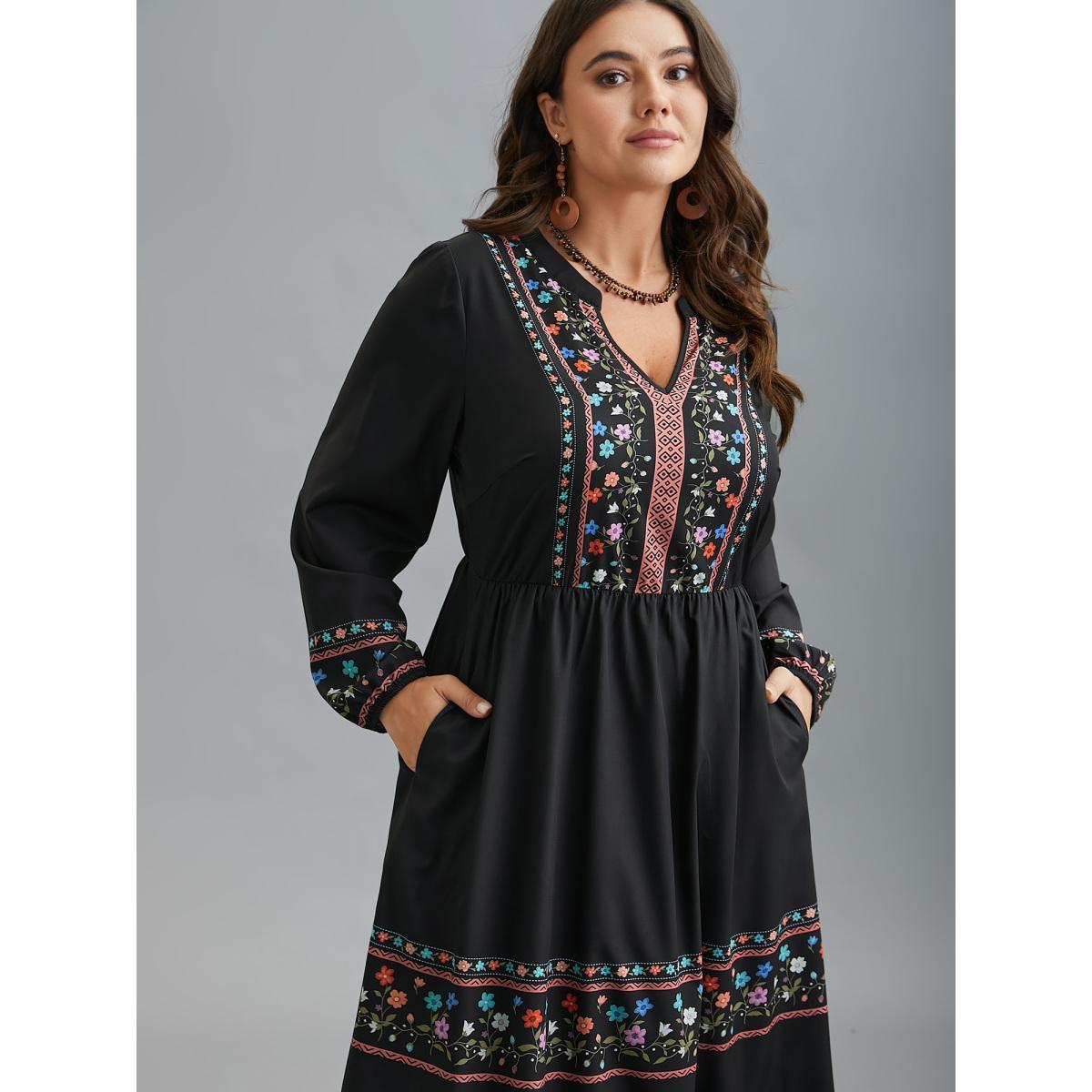 Plus Size Notched Collar Boho Print Midi Dress Black Women Resort Non Notched collar Long Sleeve Curvy BloomChic 28/5X Product Image
