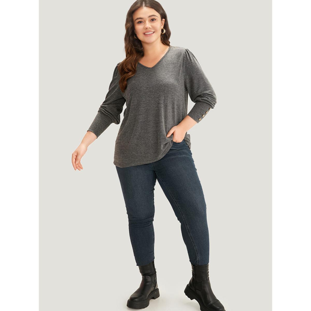 Plus Size Plain Heather Elastic Cuffs Button Detail T-shirt Gray Women Casual Elastic cuffs Plain V-neck Dailywear T-shirts BloomChic 10/M Product Image