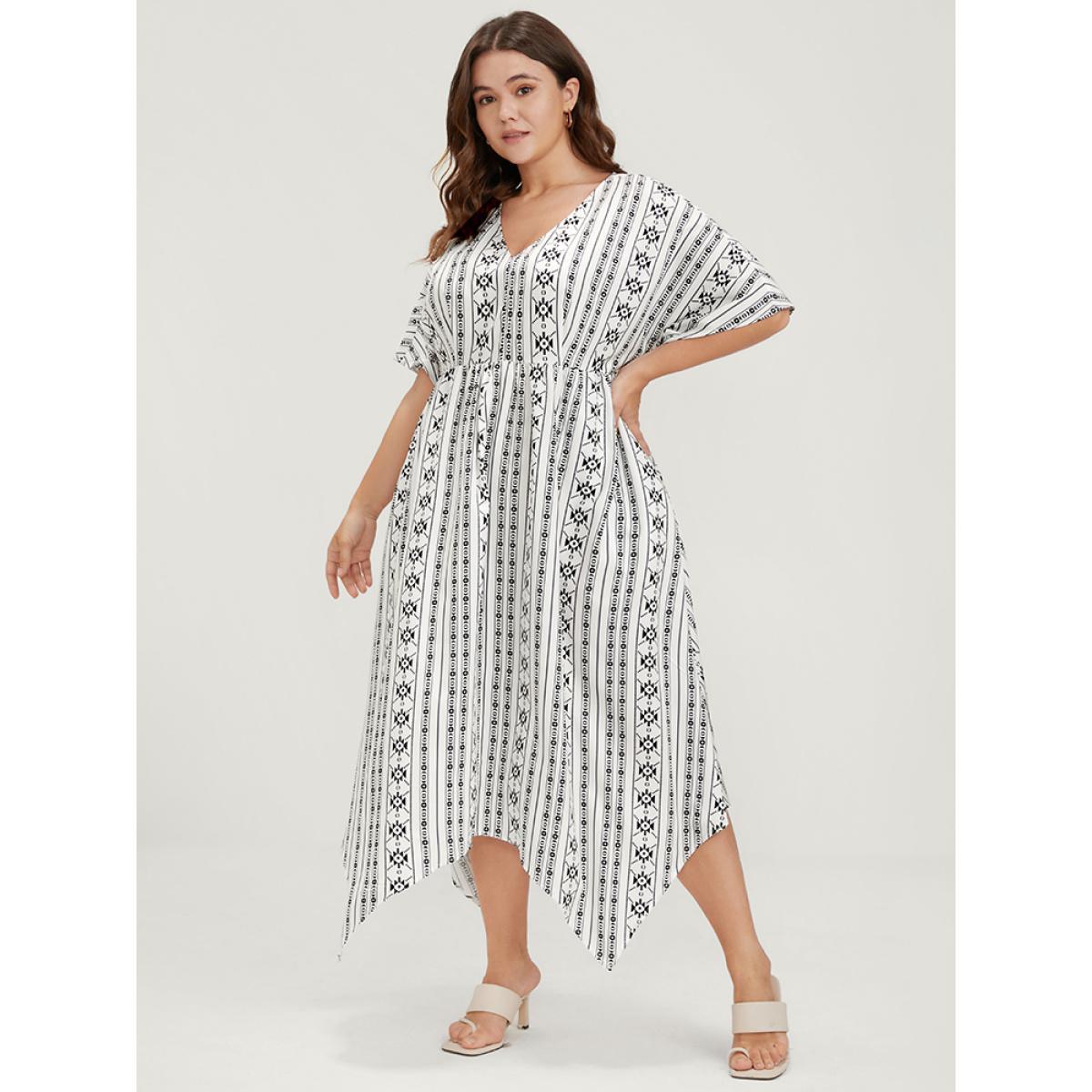 Plus Size Striped Dolman Sleeve Pocket Hanky Hem Dress White Women Vacation Elastic Waist V-neck Half Sleeve Curvy Midi Dress BloomChic 28/5X Product Image