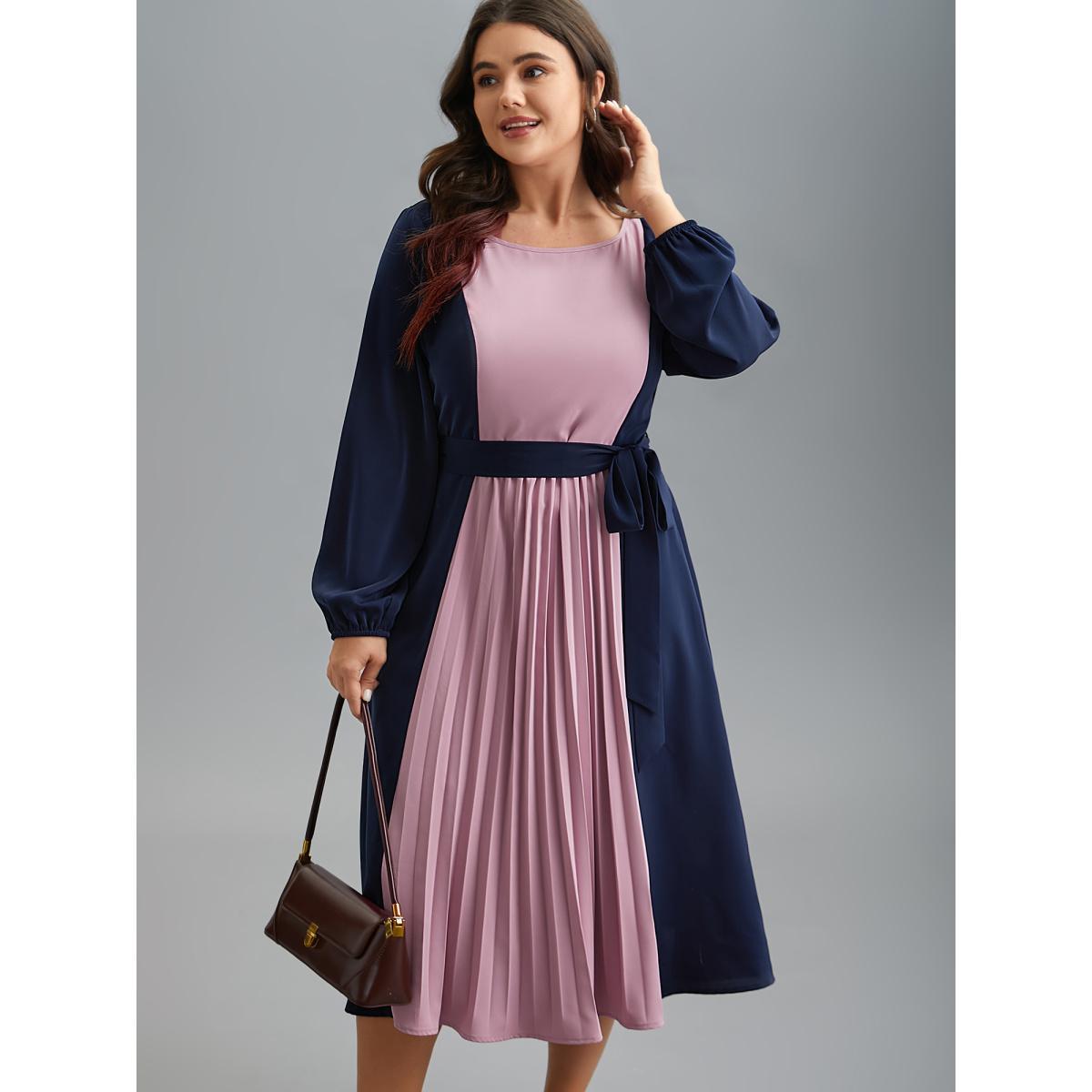 Plus Size Color-Block Stretchy Waist-Cinched Pockets Dress Indigo Women At the Office Belted Boat Neck Long Sleeve Curvy BloomChic 14-16/1X Product Image