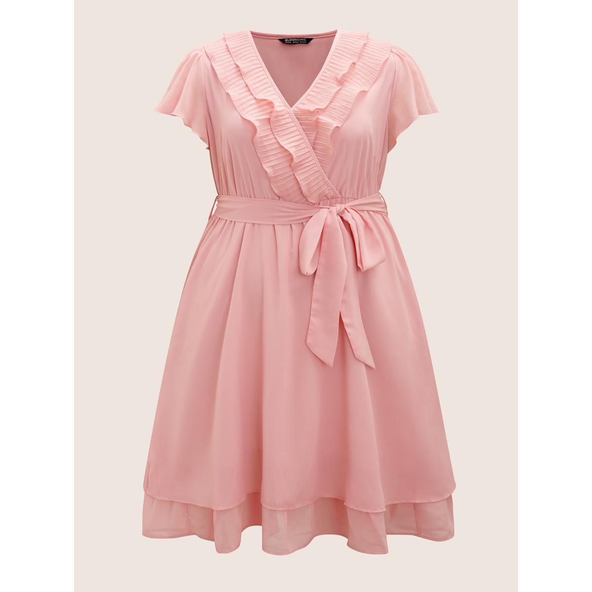 Plus Size Solid Wrap Textured Ruffle Trim Belted Dress Crepe Women Elegant Pleated V-neck Short sleeve Curvy BloomChic 22-24/3X Product Image