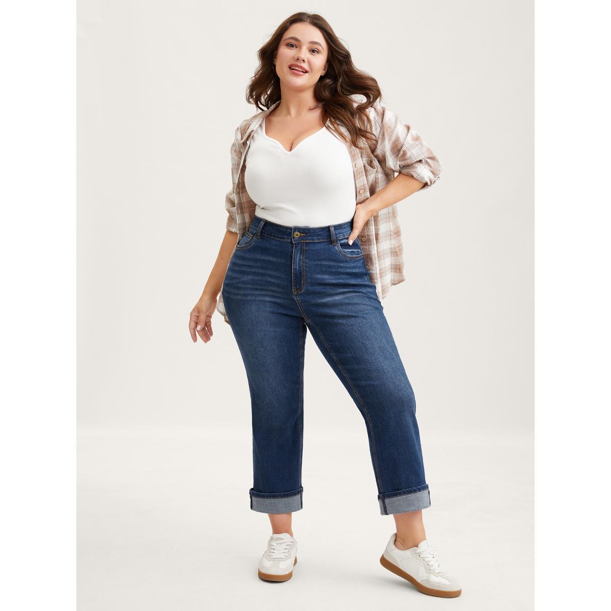 Plus Size Stretch Rolled Hem Straight-Leg Jeans Women Denimblue High stretch Slanted pocket Jeans BloomChic 18/2X Product Image
