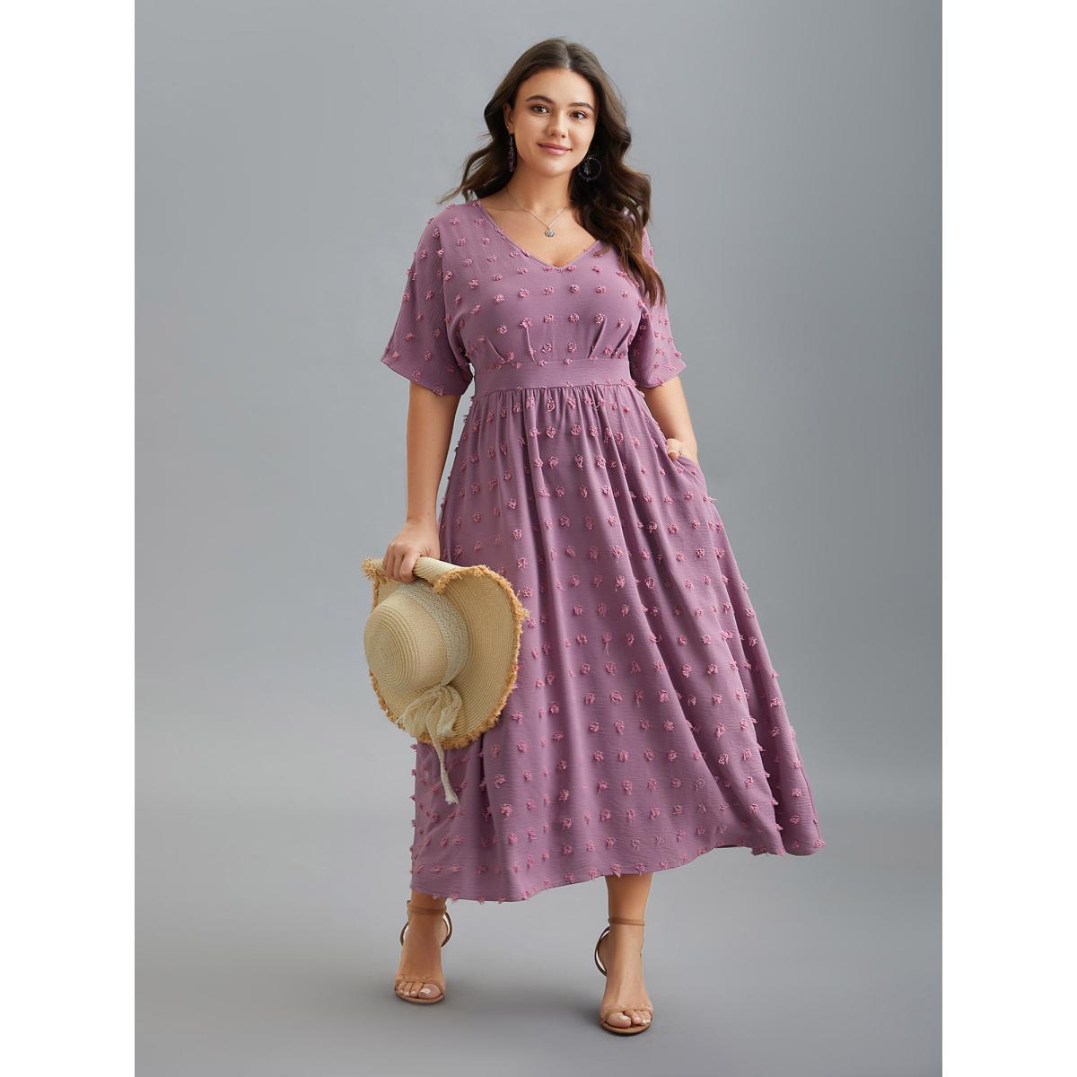 Plus Size V-Neck Textured Batwing Sleeve Midi Dress Lilac Women Resort Texture V-neck Half Sleeve Curvy BloomChic 30/6X Product Image