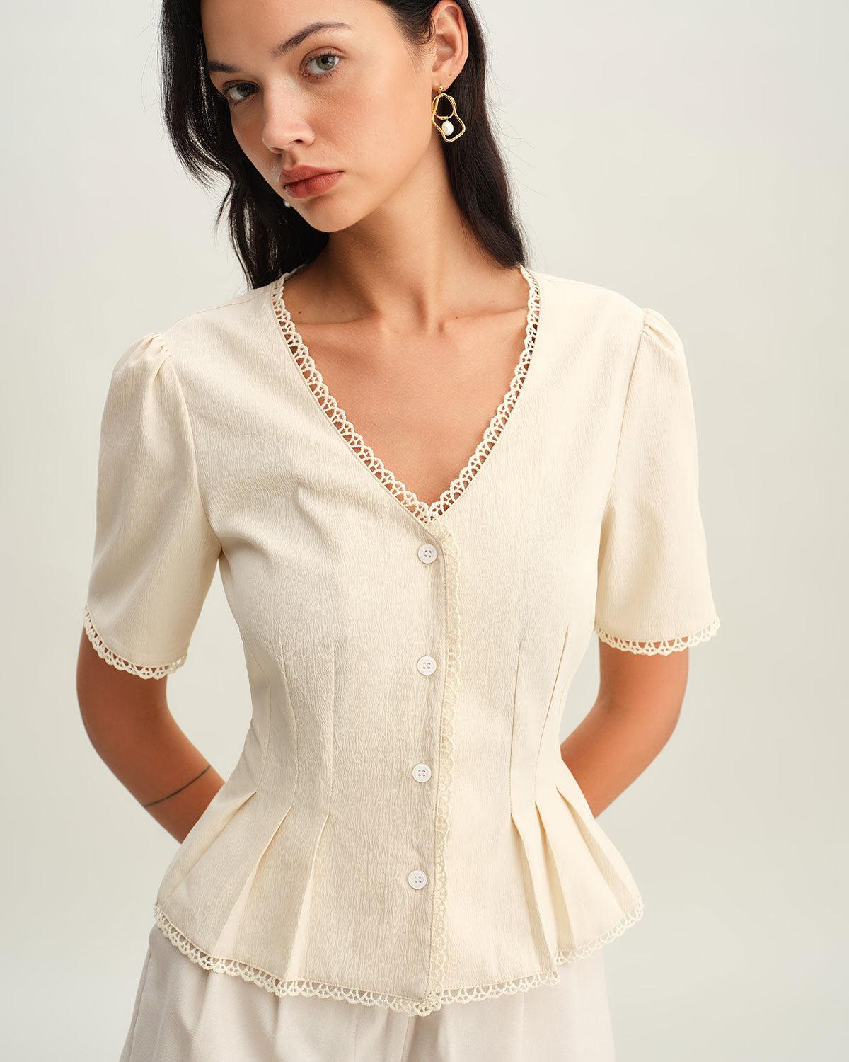 Beige V Neck Pleated Button Blouse Product Image